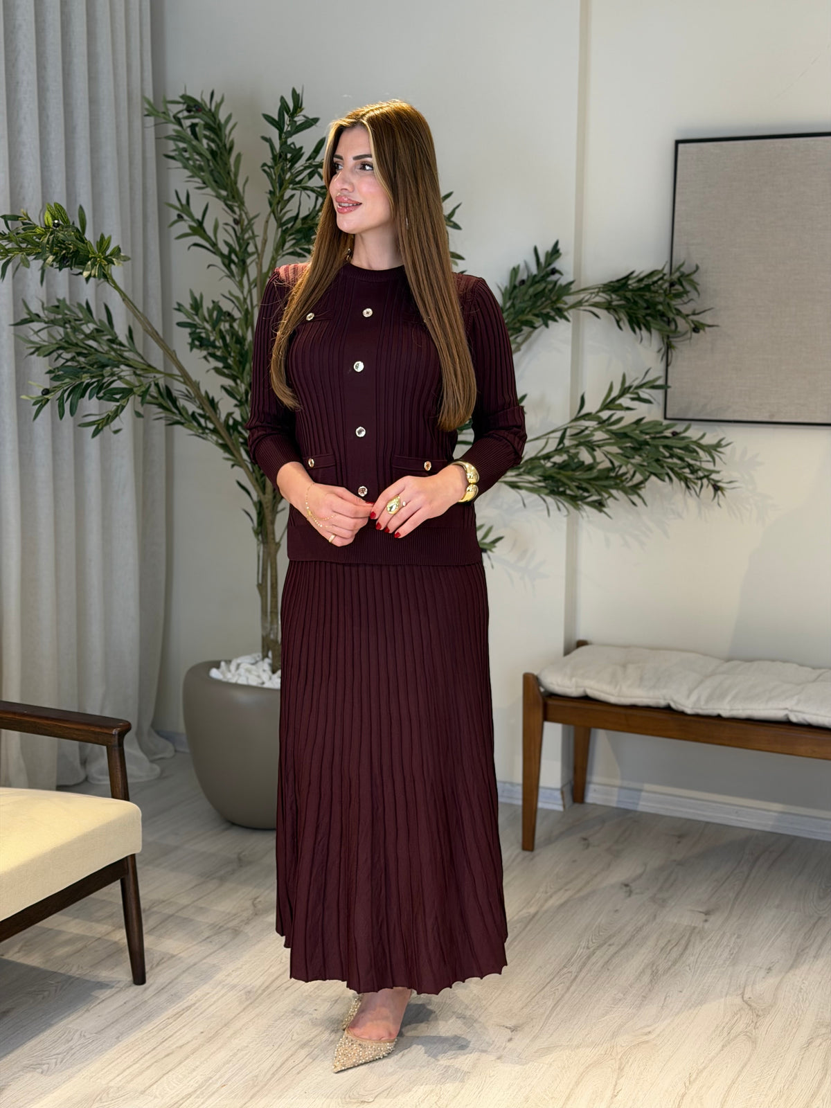 Ace | So Atelier Özel Üretim Merserize Triko Tunik Düğme Detaylı Etekli Takım Mürdüm