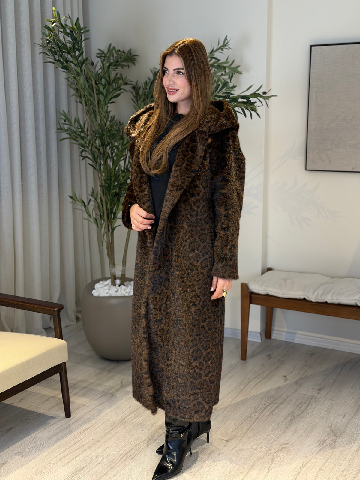 Ace | So Luxury Özel Üretim Uzun Kürk Acı Kahve Leopar Desen