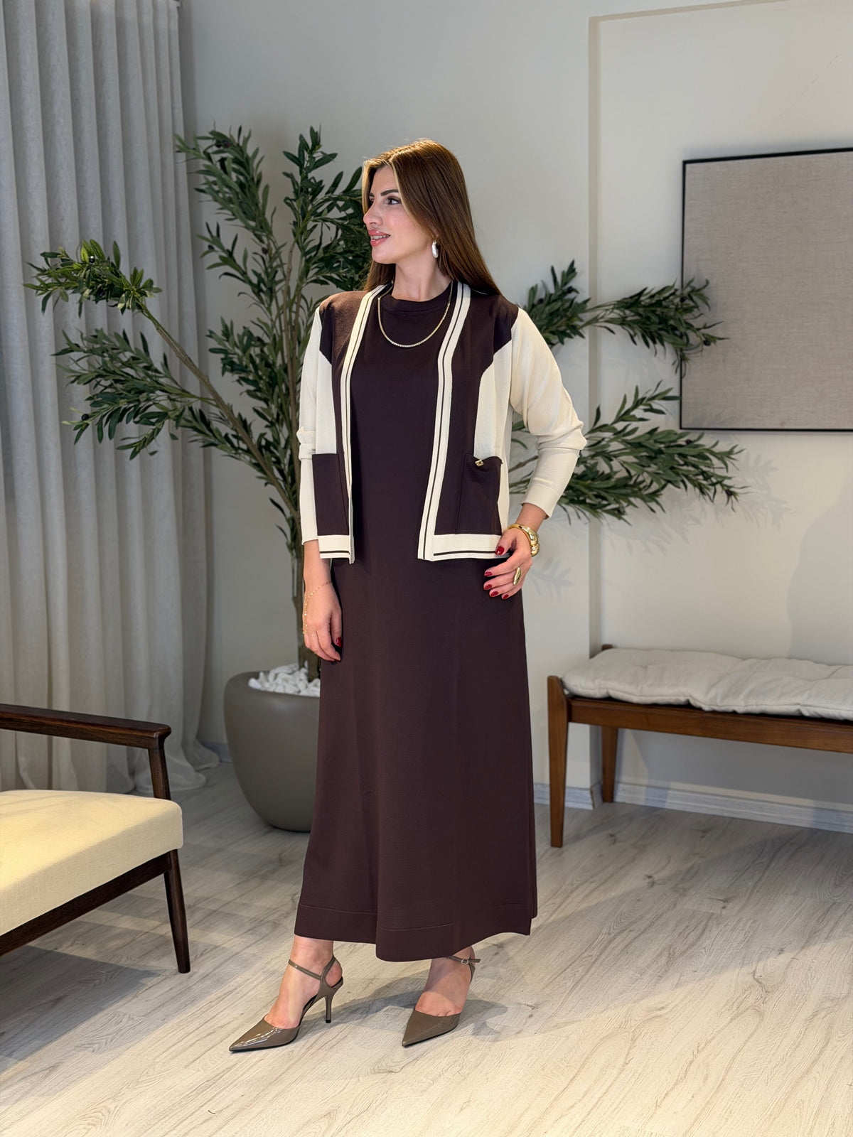 Ace | So Atelier Özel Üretim Merserize Triko Hırka Detaylı Elbise Takım Kahverengi