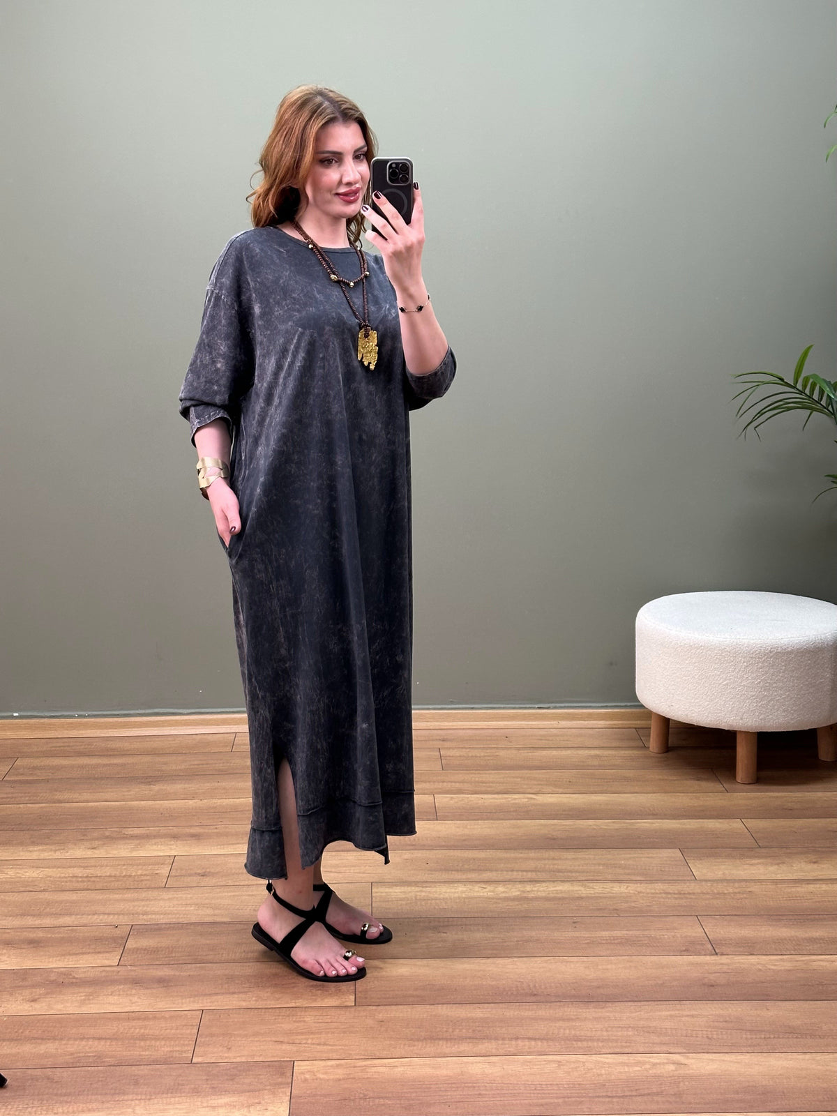%100 PAMUK BATİK YIKAMA SWEAT ELBİSE ANTRASIT