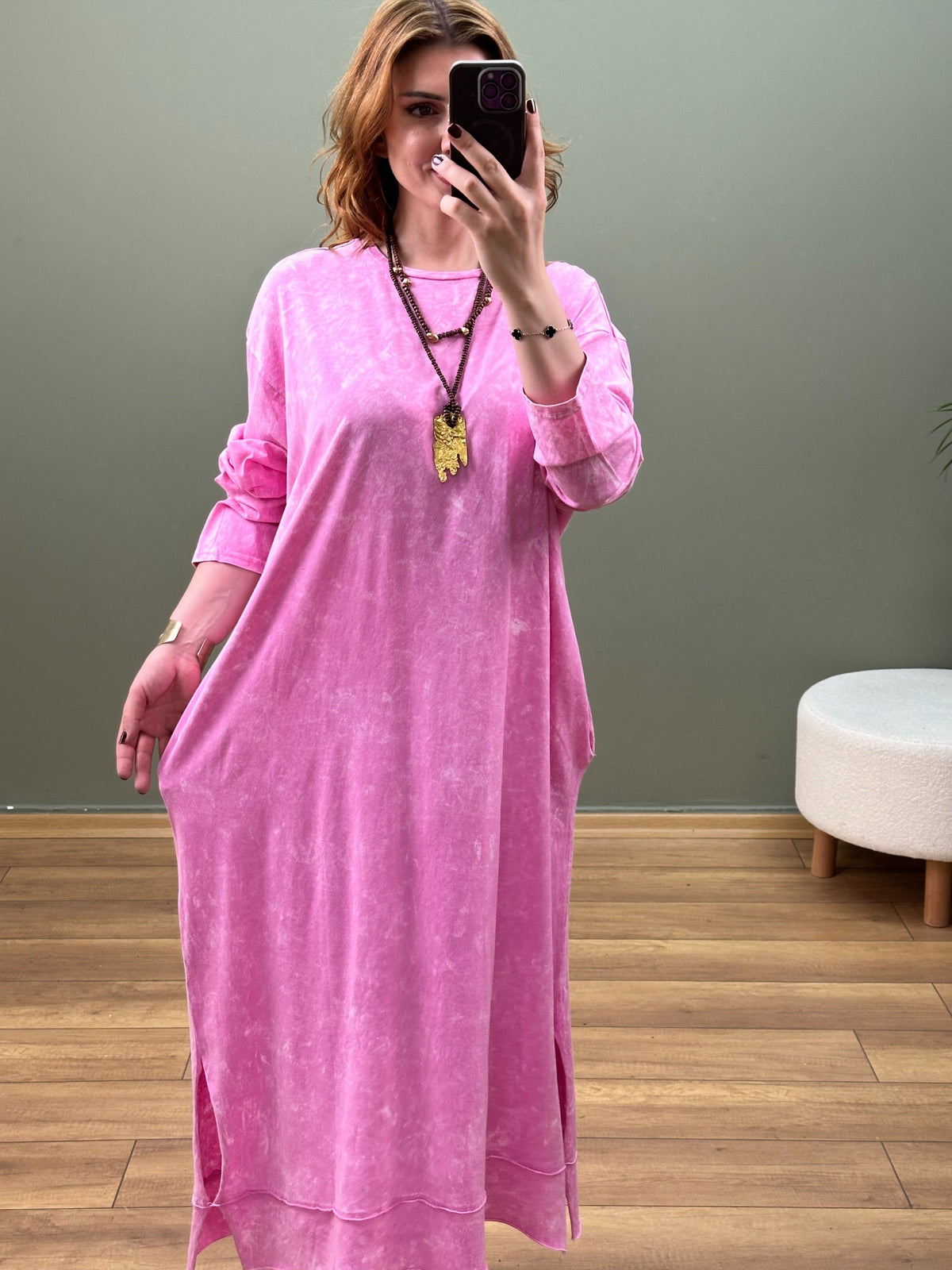 %100 PAMUK BATİK YIKAMA SWEAT ELBİSE PEMBE
