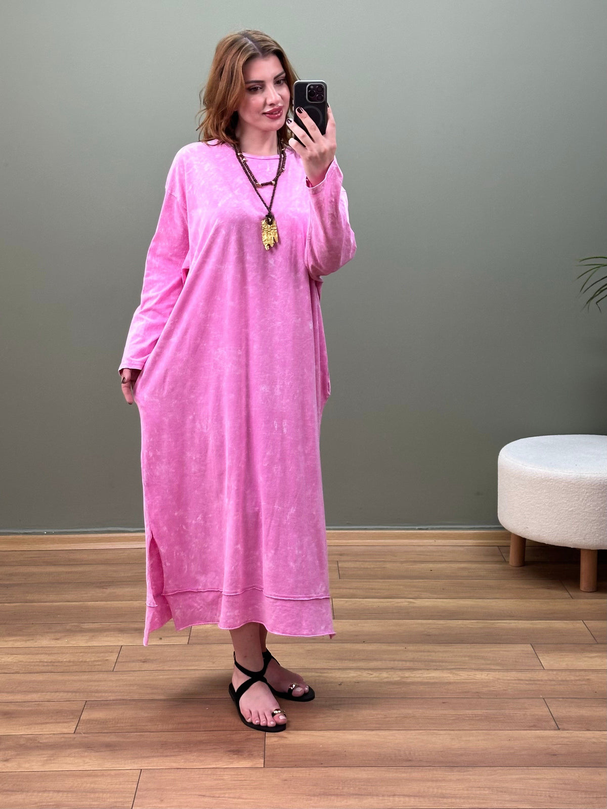 %100 PAMUK BATİK YIKAMA SWEAT ELBİSE PEMBE