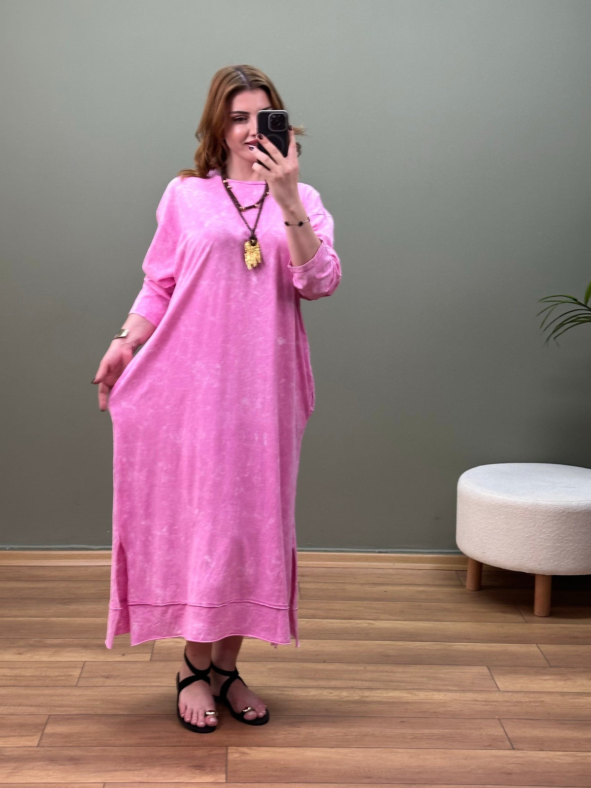 %100 PAMUK BATİK YIKAMA SWEAT ELBİSE PEMBE