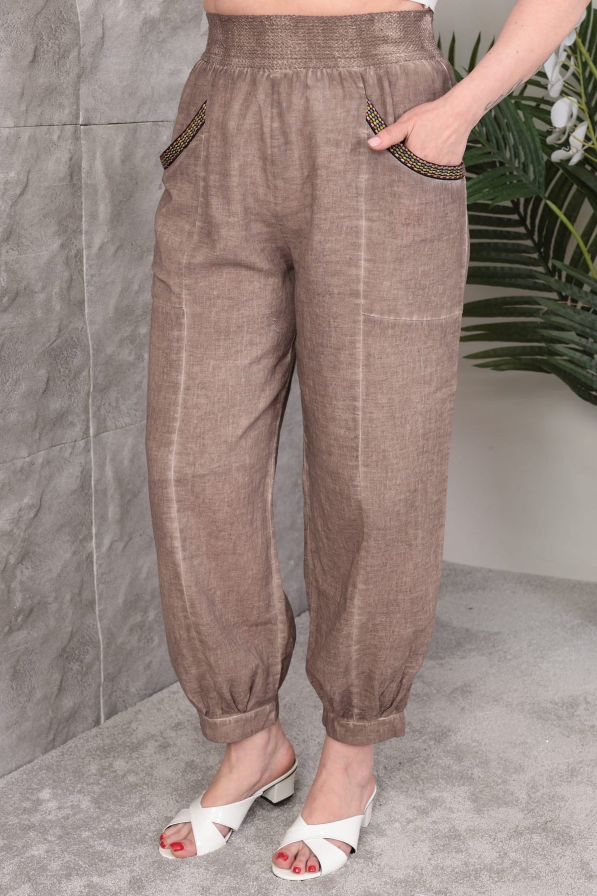 %100 PAMUK KETEN PANTOLON KAHVE