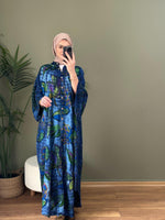 %100 PAMUK KUMAŞ KETEN BATIK DESEN ELBİSE MAVİ TEMA