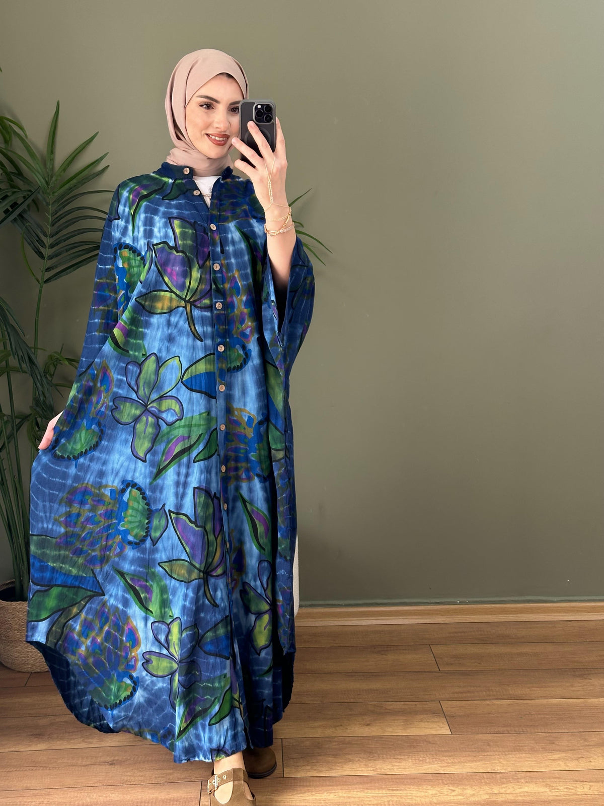 %100 PAMUK KUMAŞ KETEN BATIK DESEN ELBİSE MAVİ TEMA