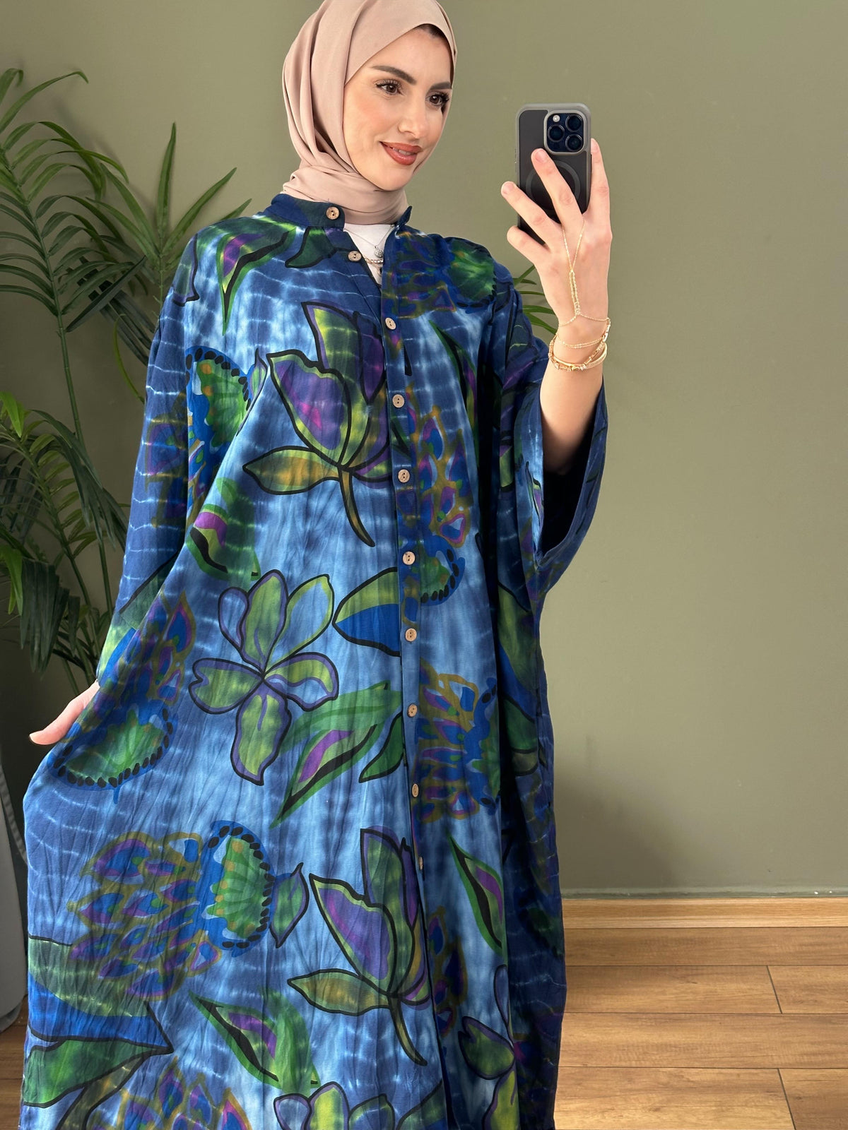 %100 PAMUK KUMAŞ KETEN BATIK DESEN ELBİSE MAVİ TEMA