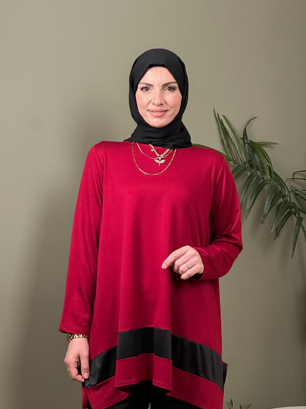 %100 PAMUK TASARIM DERİ GARNİLİ TUNİK BORDO