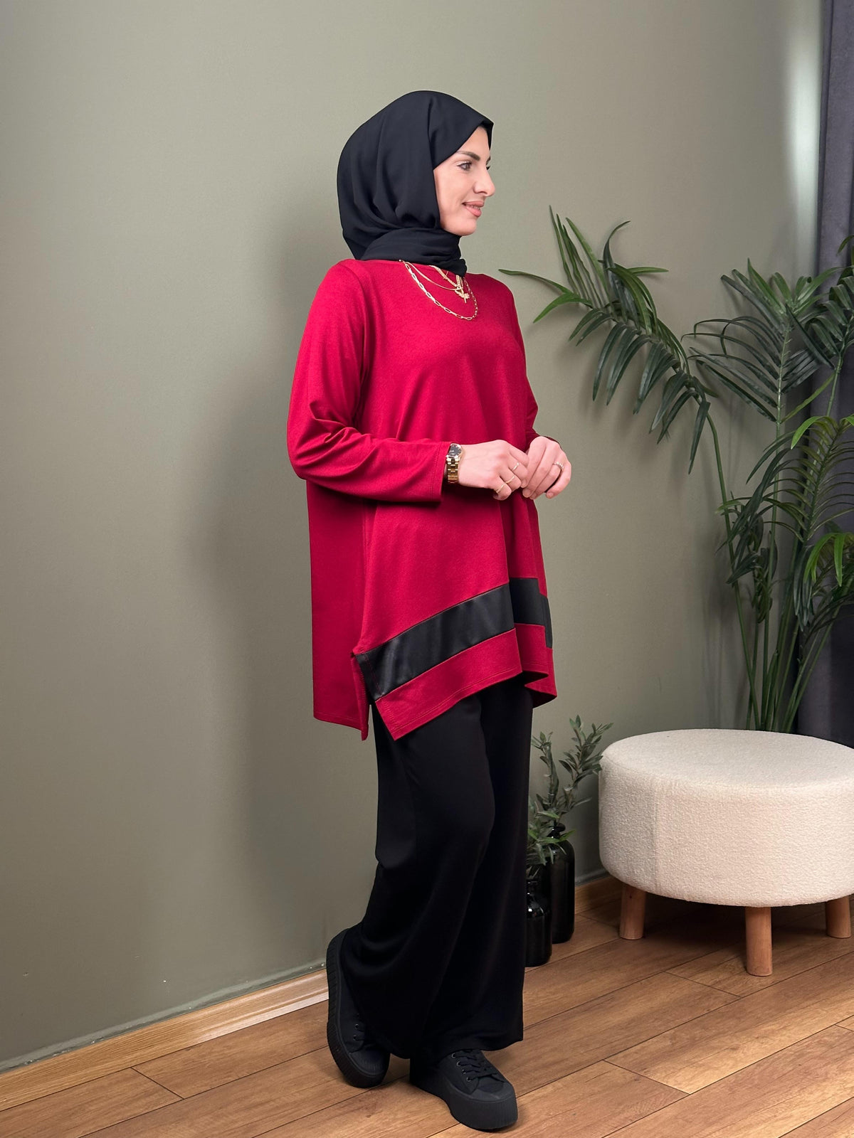 %100 PAMUK TASARIM DERİ GARNİLİ TUNİK BORDO
