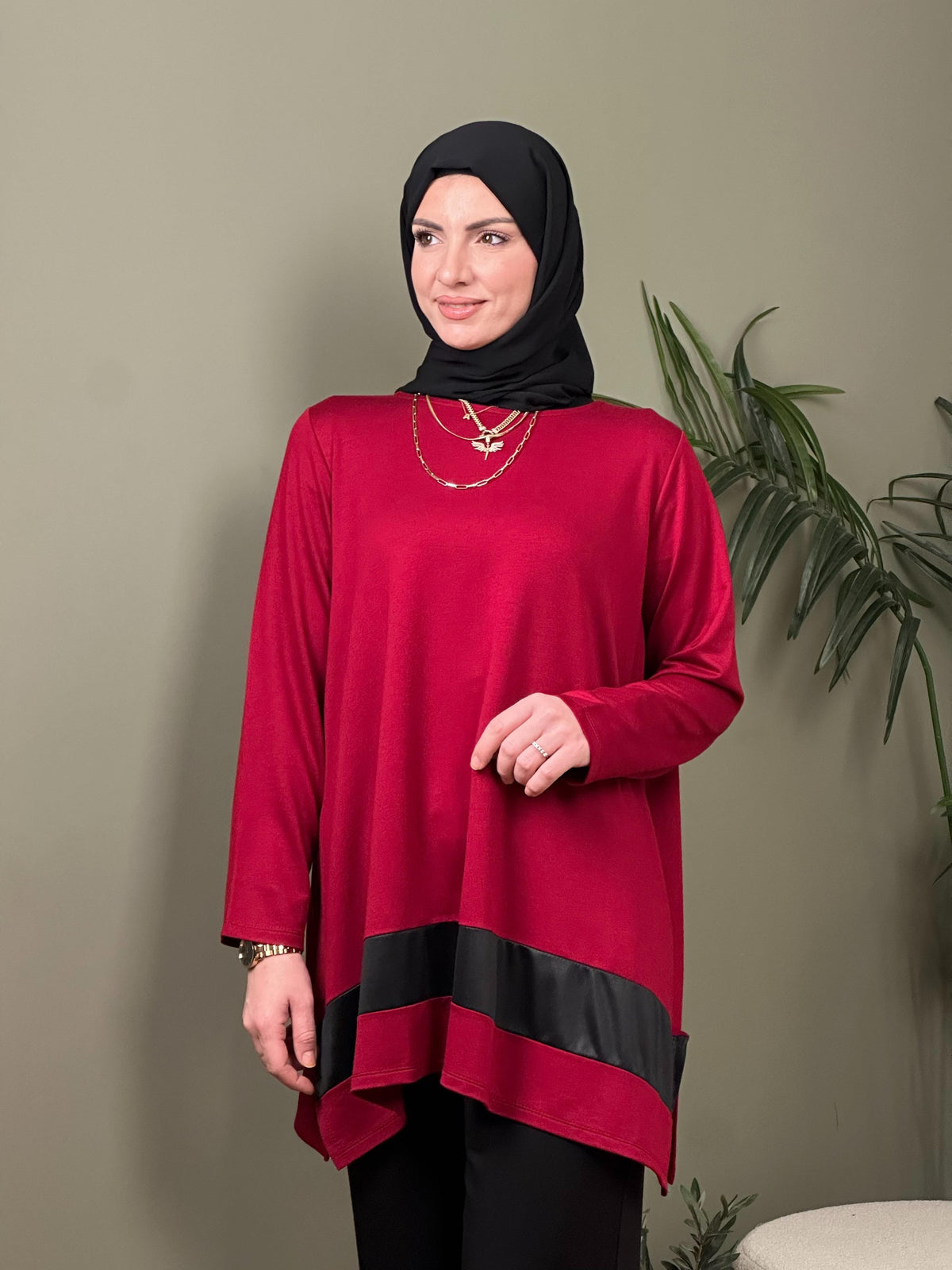 %100 PAMUK TASARIM DERİ GARNİLİ TUNİK BORDO
