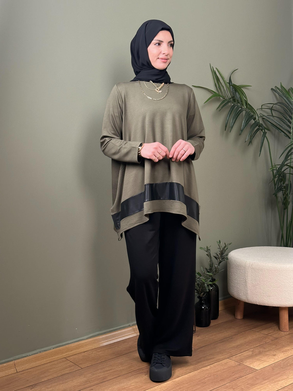 %100 PAMUK TASARIM DERİ GARNİLİ TUNİK HAKİ