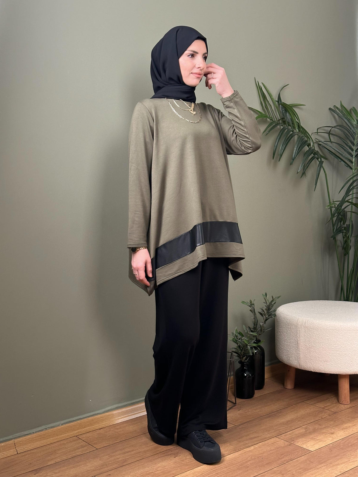 %100 PAMUK TASARIM DERİ GARNİLİ TUNİK HAKİ