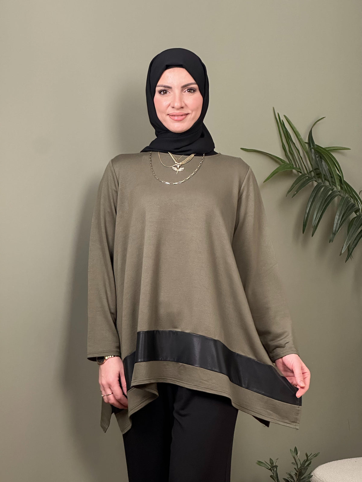 %100 PAMUK TASARIM DERİ GARNİLİ TUNİK HAKİ