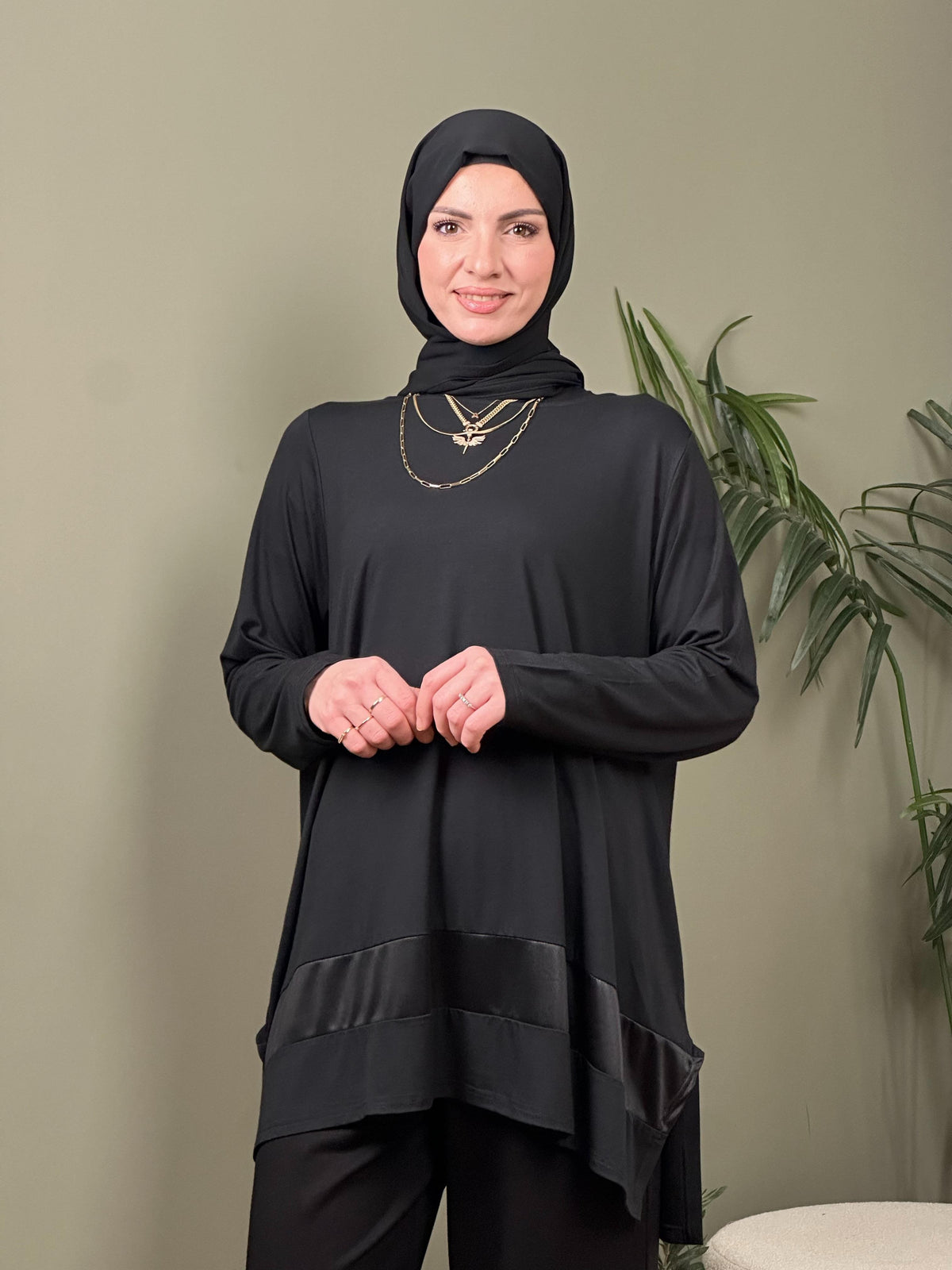 %100 PAMUK TASARIM DERİ GARNİLİ TUNİK SİYAH
