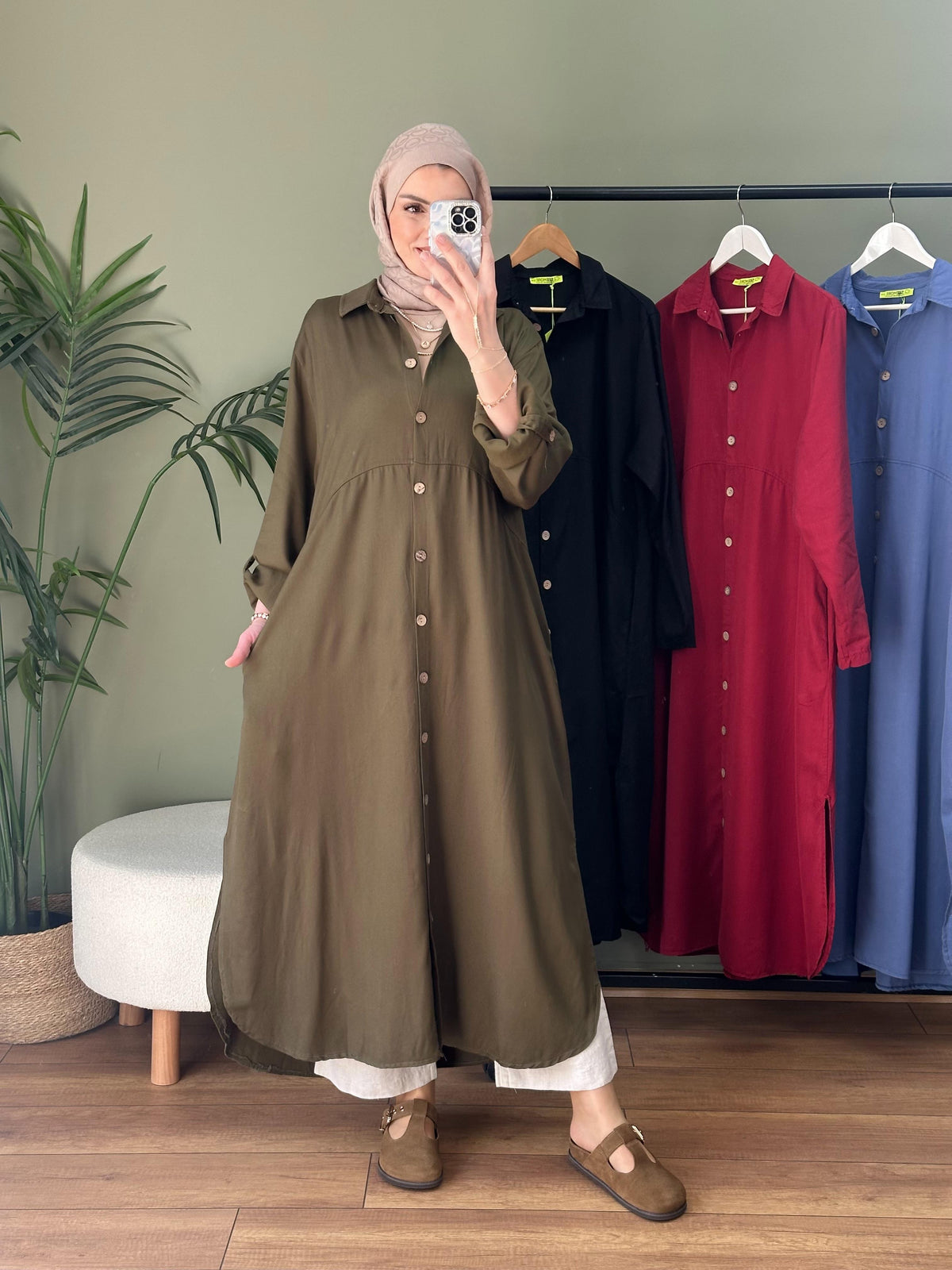 %100 Pamuk Tensel Tunik Haki