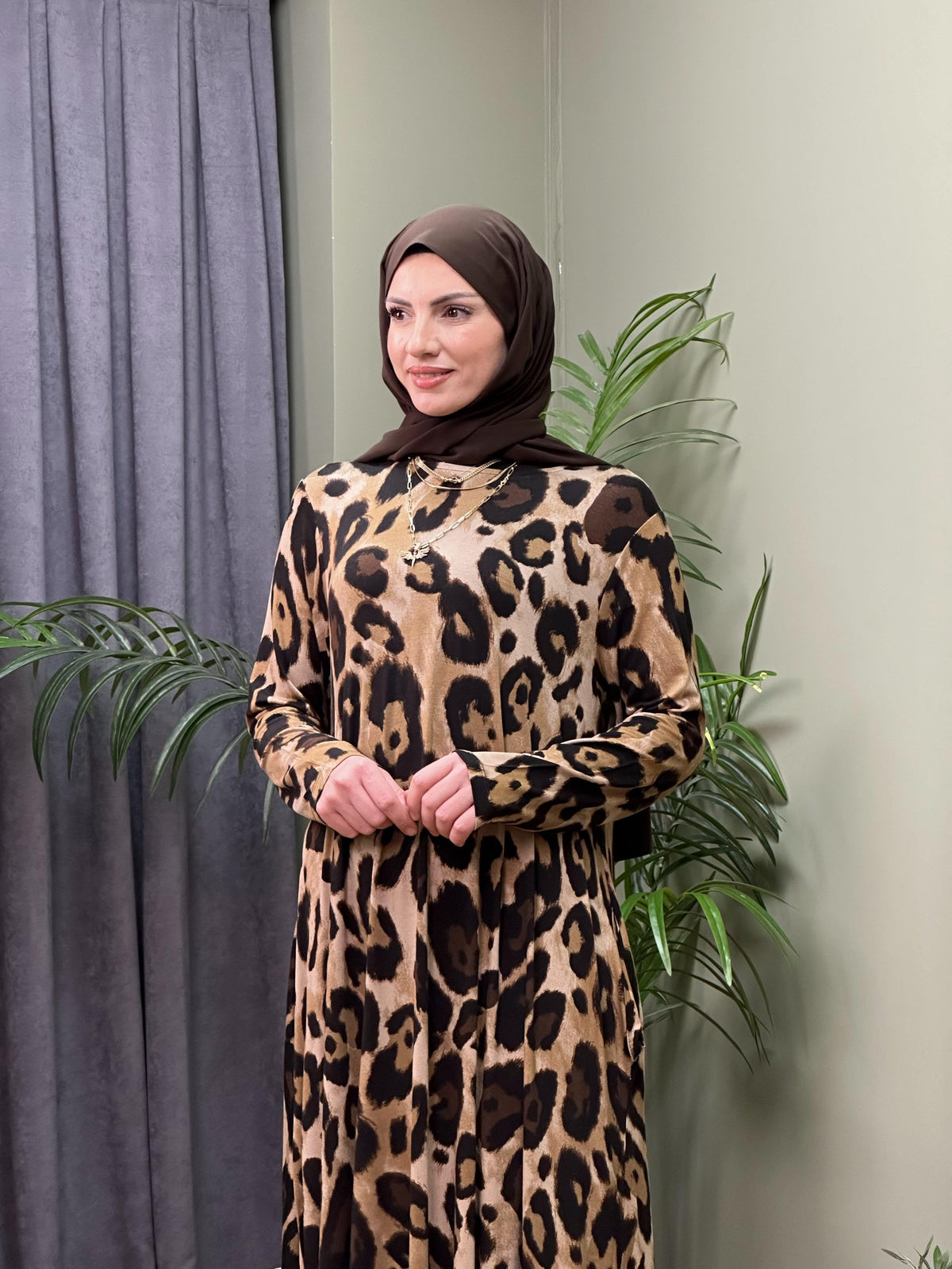 %100 PAMUKLU SWEAT ELBİSE BÜYÜK LEOPAR DESEN
