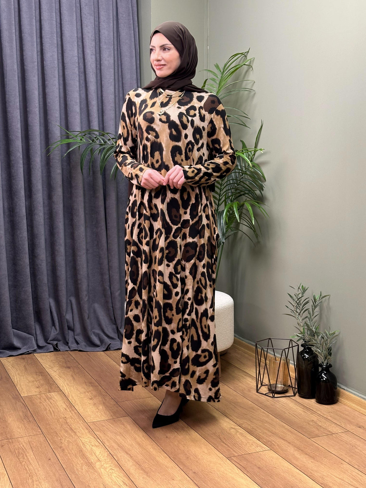 %100 PAMUKLU SWEAT ELBİSE BÜYÜK LEOPAR DESEN