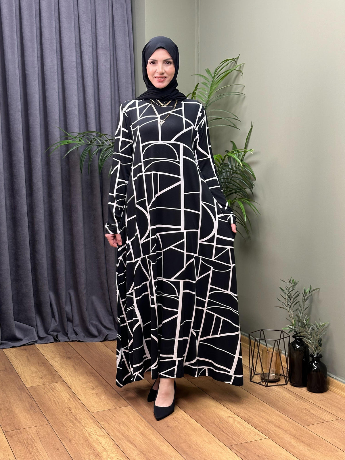%100 PAMUKLU SWEAT ELBİSE GEOMETRİK DESEN