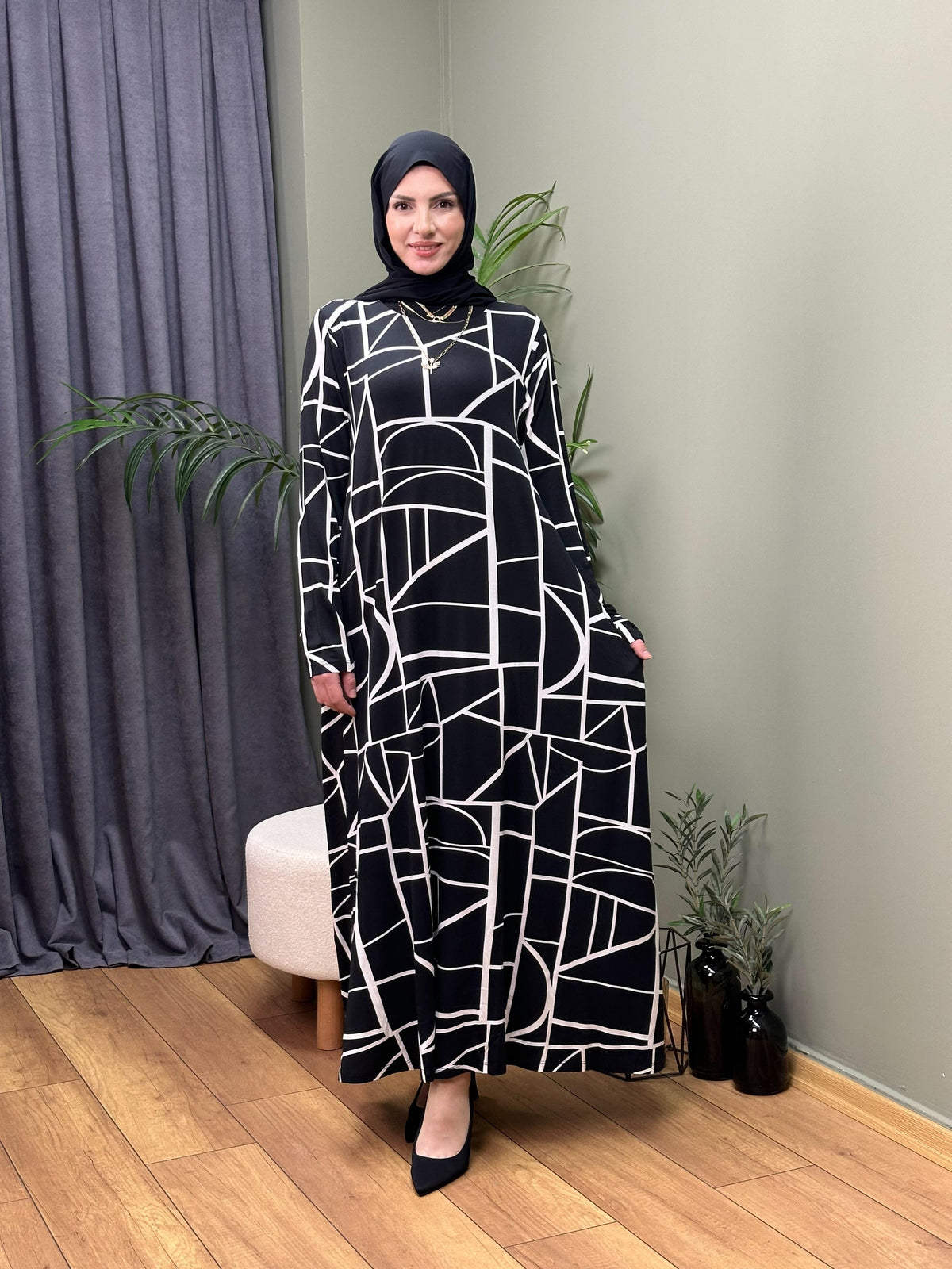 %100 PAMUKLU SWEAT ELBİSE GEOMETRİK DESEN