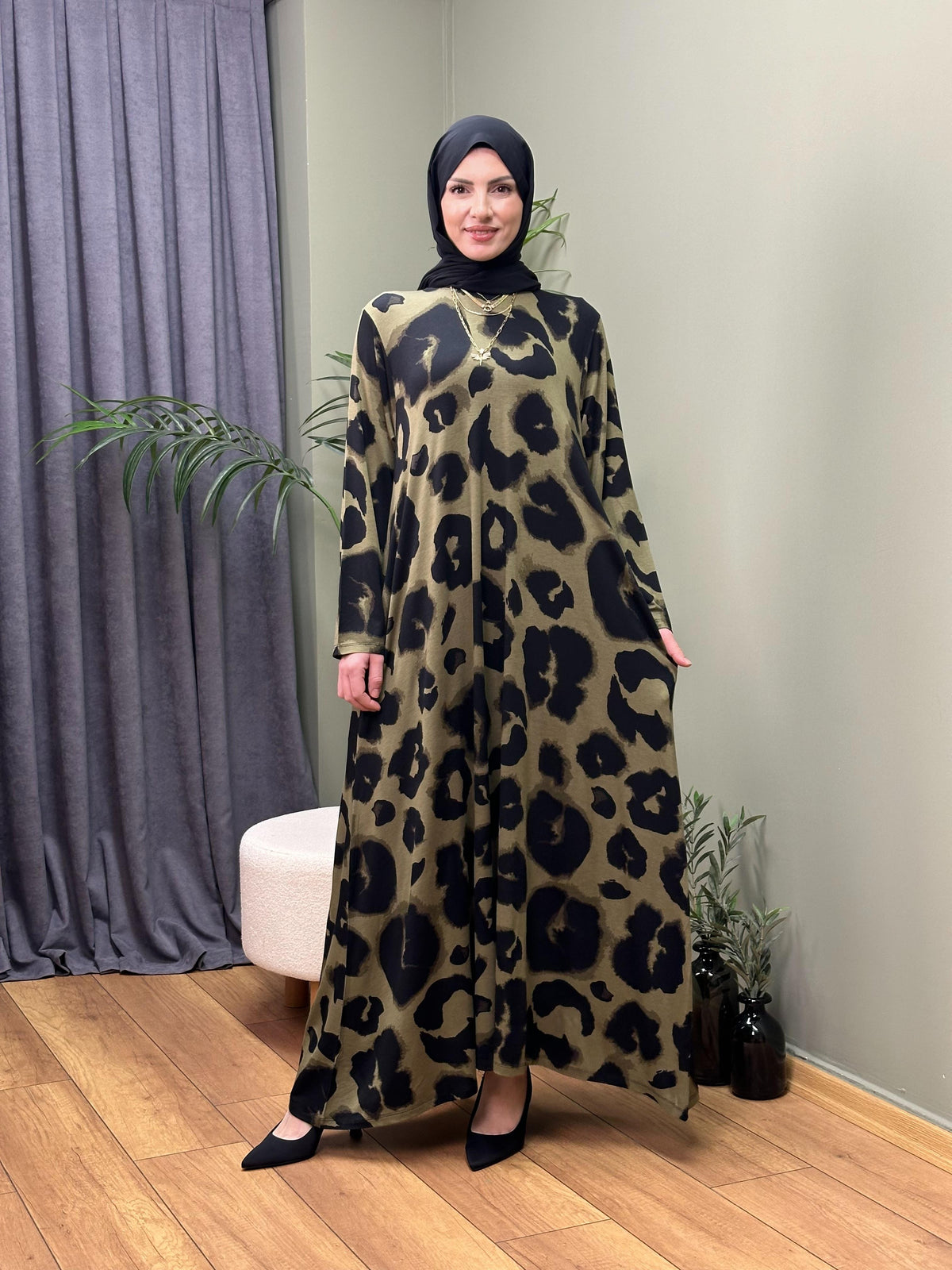 %100 PAMUKLU SWEAT ELBİSE HAKİ LEOPAR DESEN