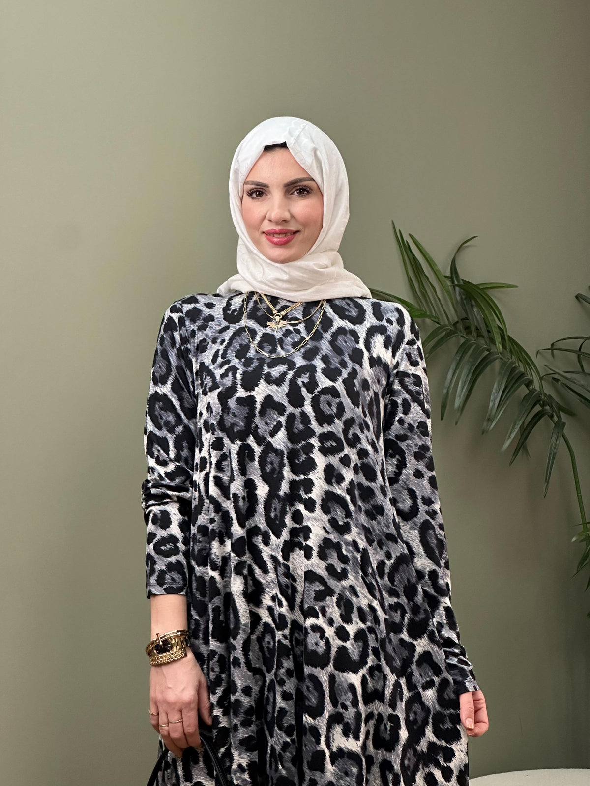 %100 PAMUKLU SWEAT ELBİSE SIYAH LEOPAR DESEN