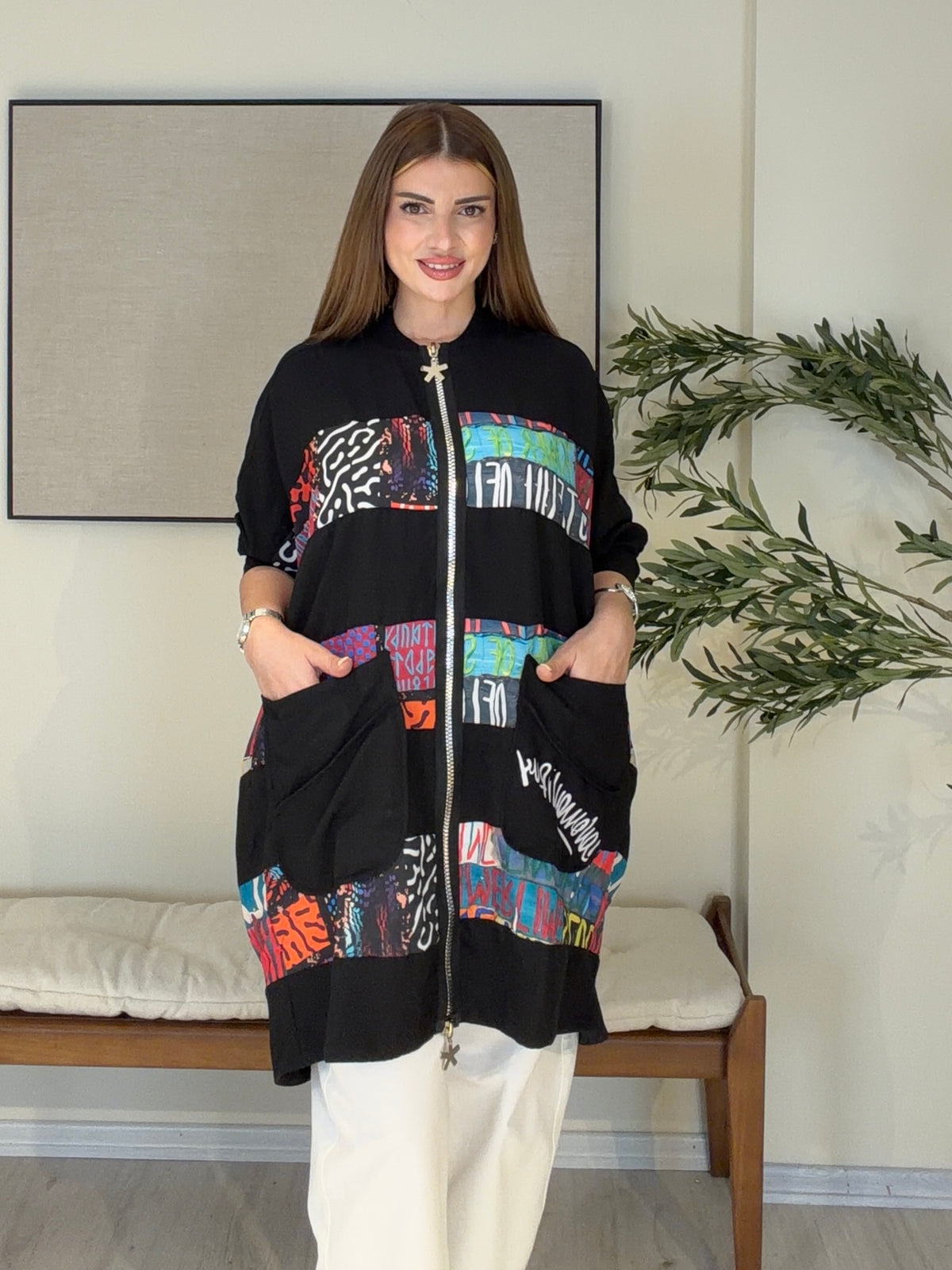 DOLCE Özel Tasarım Fermuarlı Tunik Harfli Model Siyah