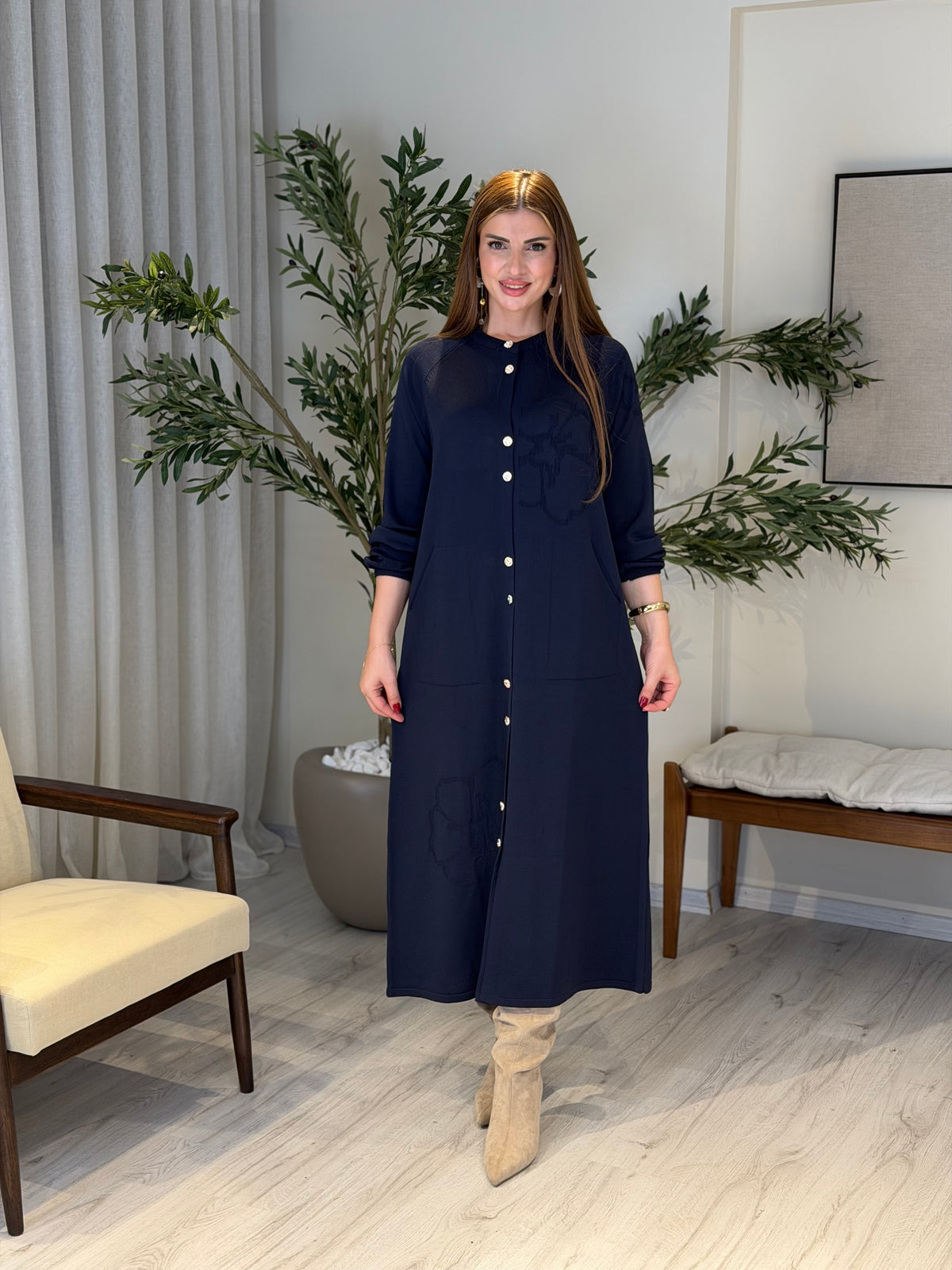 Ace | So Atelier Özel Üretim Merserize Triko Boydan Düğmeli Kendinden Dokulu Hırka Lacivert