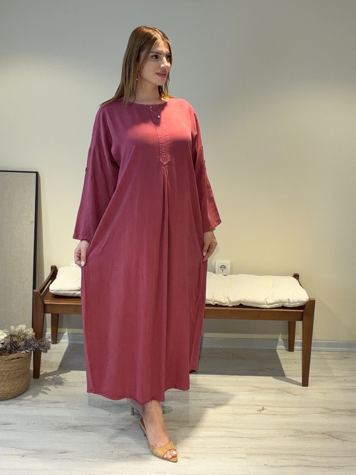 İnci Serenza Tencel Elbise | %100 Pamuk • A Kesim • Büyük Beden • Gül Kurusu