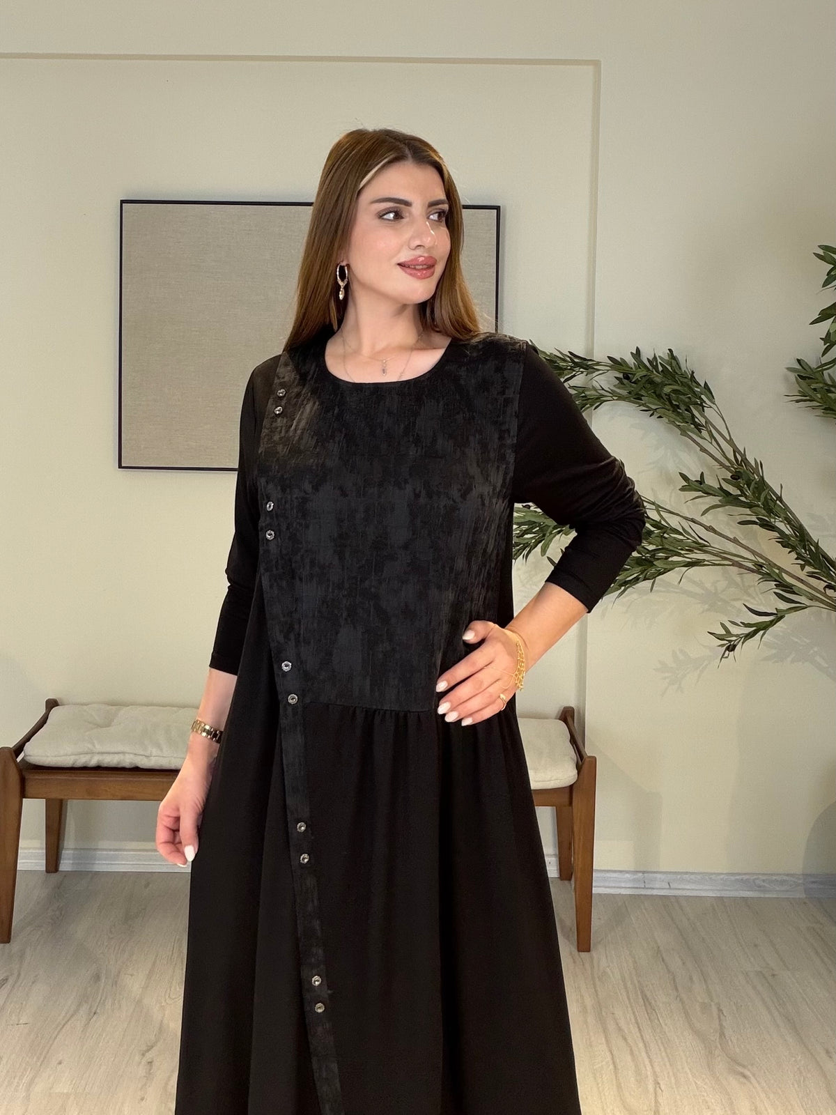 MELORA Düğme-Cupra Detaylı Özel Tasarım Elbise | Siyah