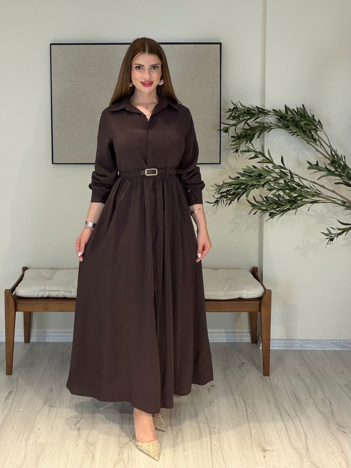 LAVEN🖤Gold Kemerli Elbise Acı Kahve