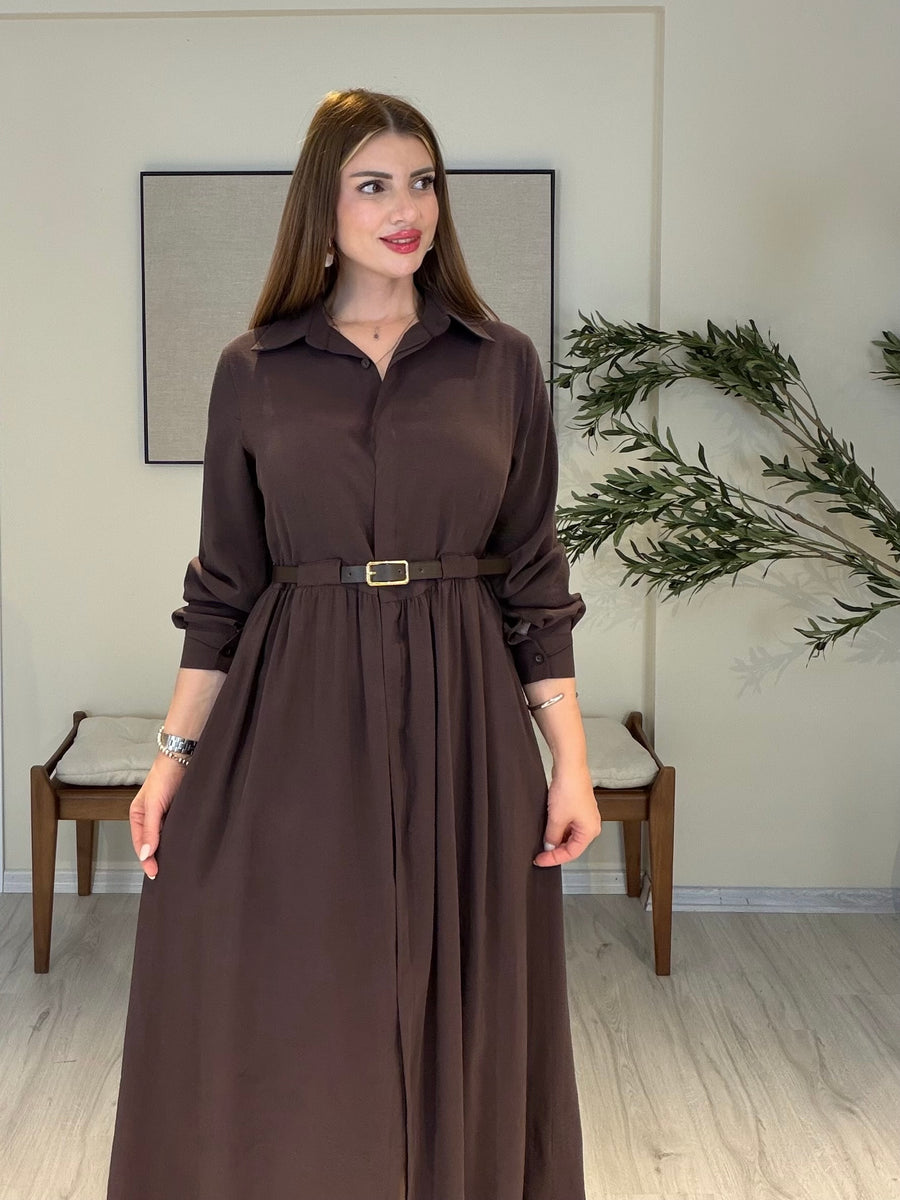LAVEN🖤Gold Kemerli Elbise Acı Kahve
