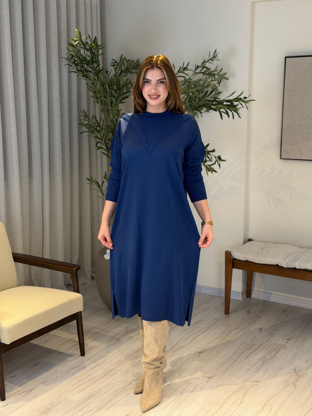 Ace | So Atelier Özel Üretim Merserize V Detaylı Tunik Gece Mavisi