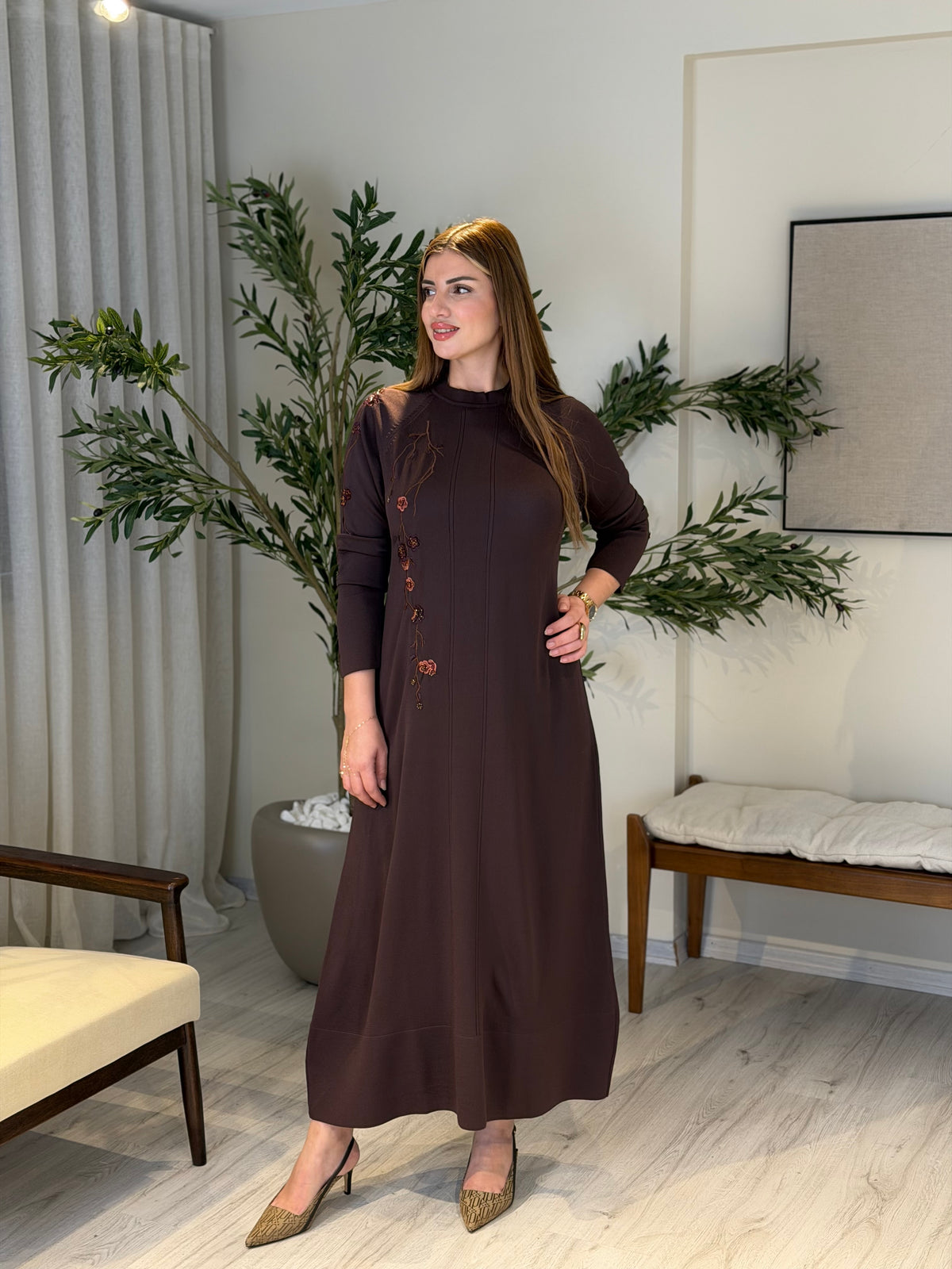 Ace | So Atelier Özel Üretim Merserize Triko İşleme Detaylı Tunik Acı Kahve