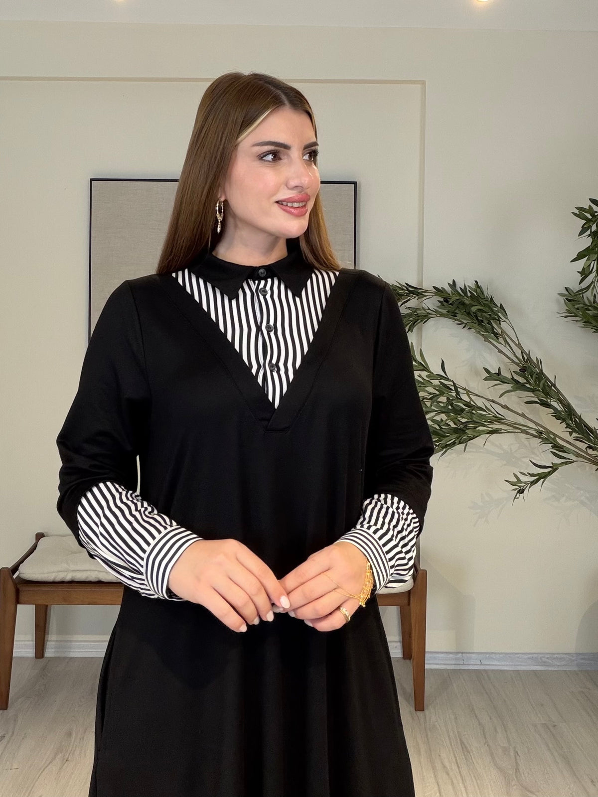 Gömlek Yaka Çizgi Detaylı Maksi Boy Elbise Siyah