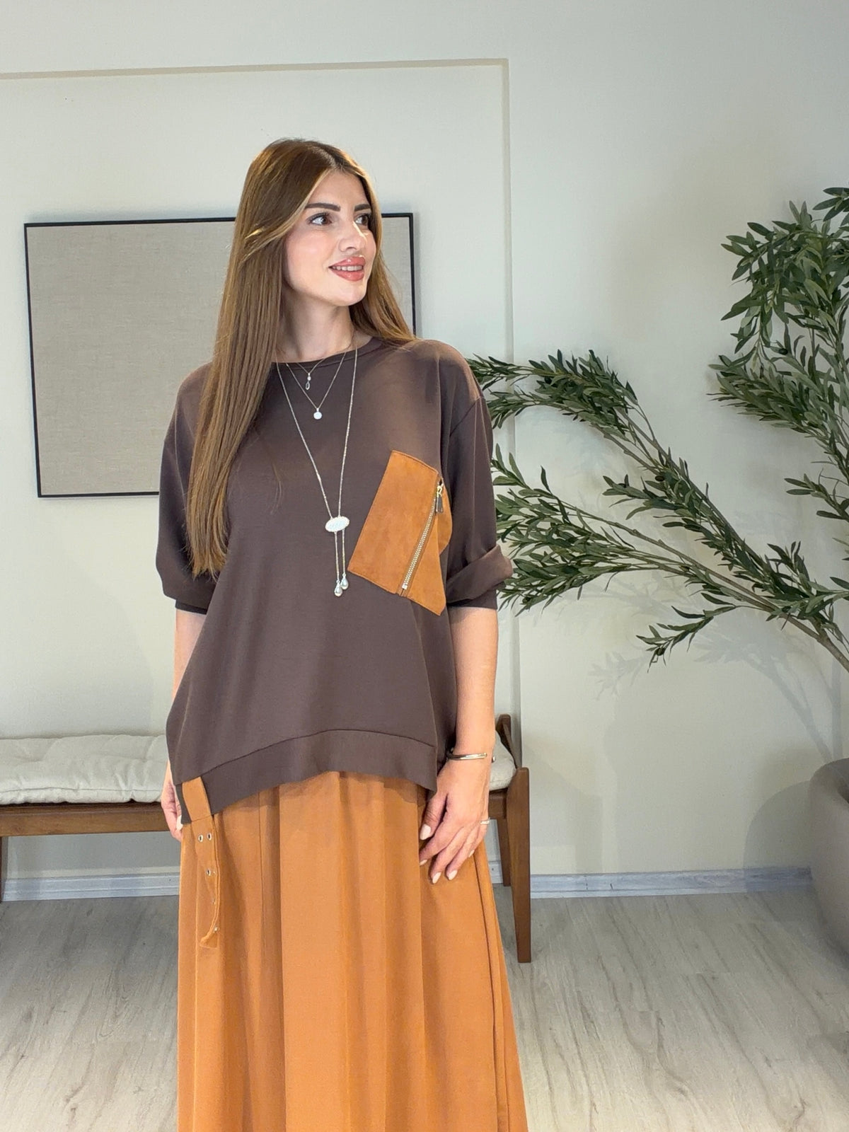 ATELIER NOIR | Signature Süet Etek & Modal Bluz Takım Kahve