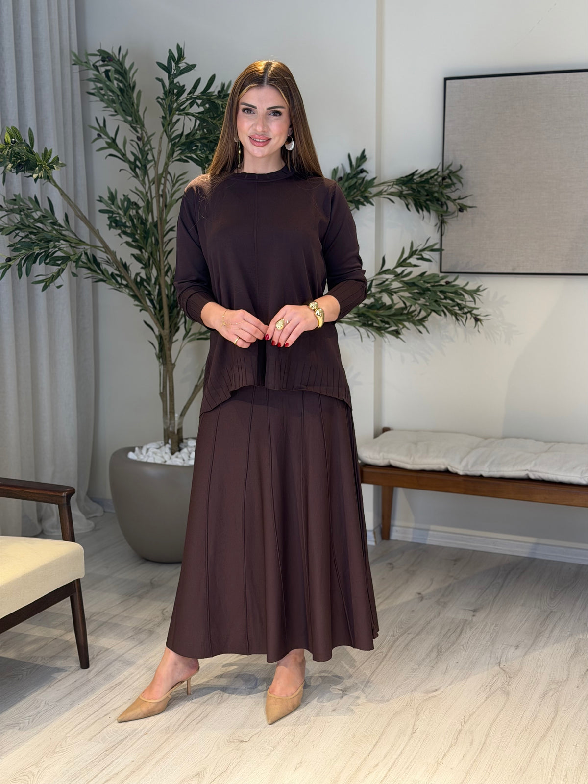 Ace | So Atelier Özel Üretim Merserize Triko Fitilli Tunik Detaylı Takım Kahverengi