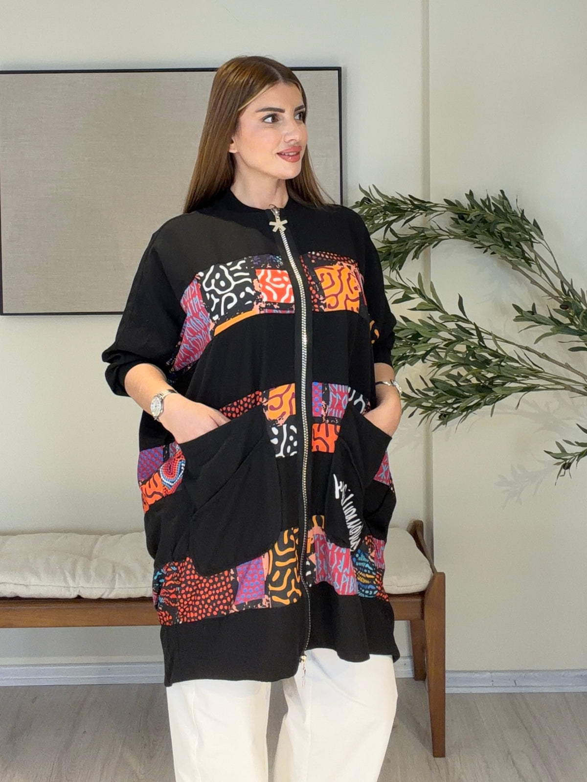 DOLCE Özel Tasarım Fermuarlı Tunik Desenli Model Siyah