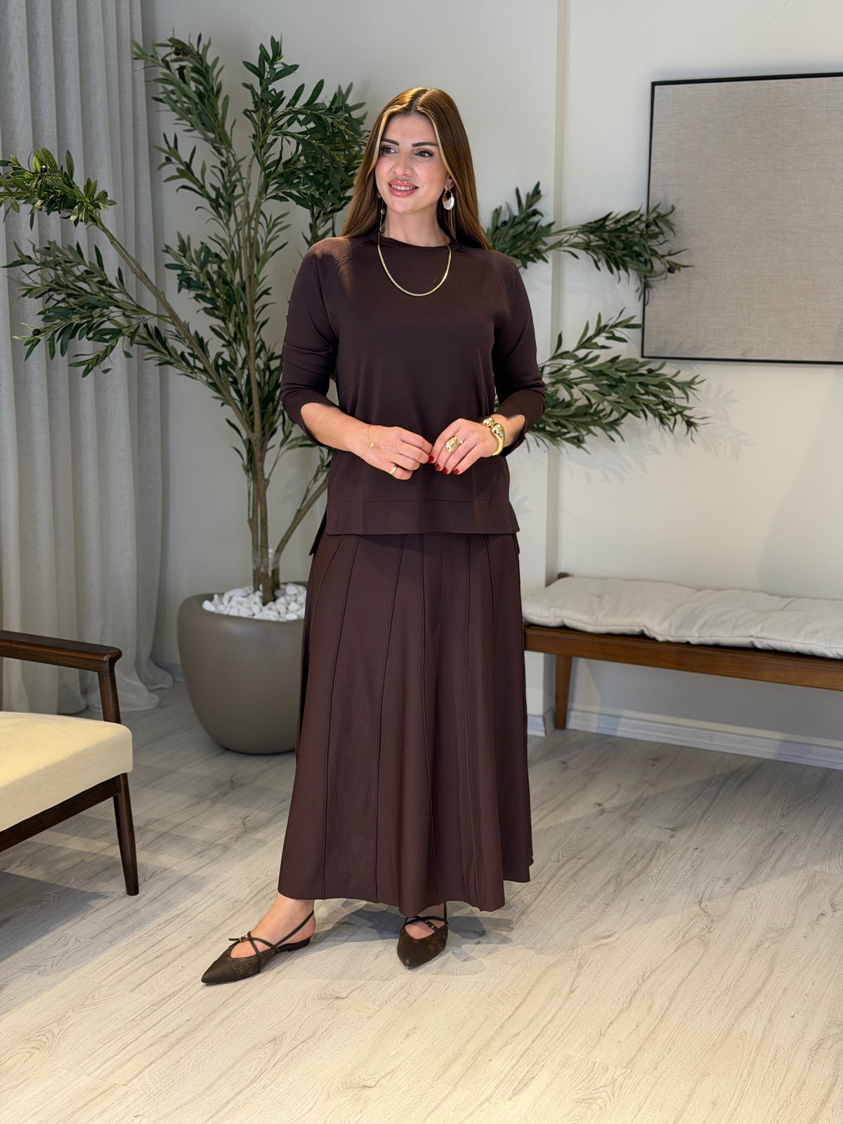 Ace | So Atelier Özel Üretim Merserize Triko Basic Tunikli Etek Takım Acı Kahve