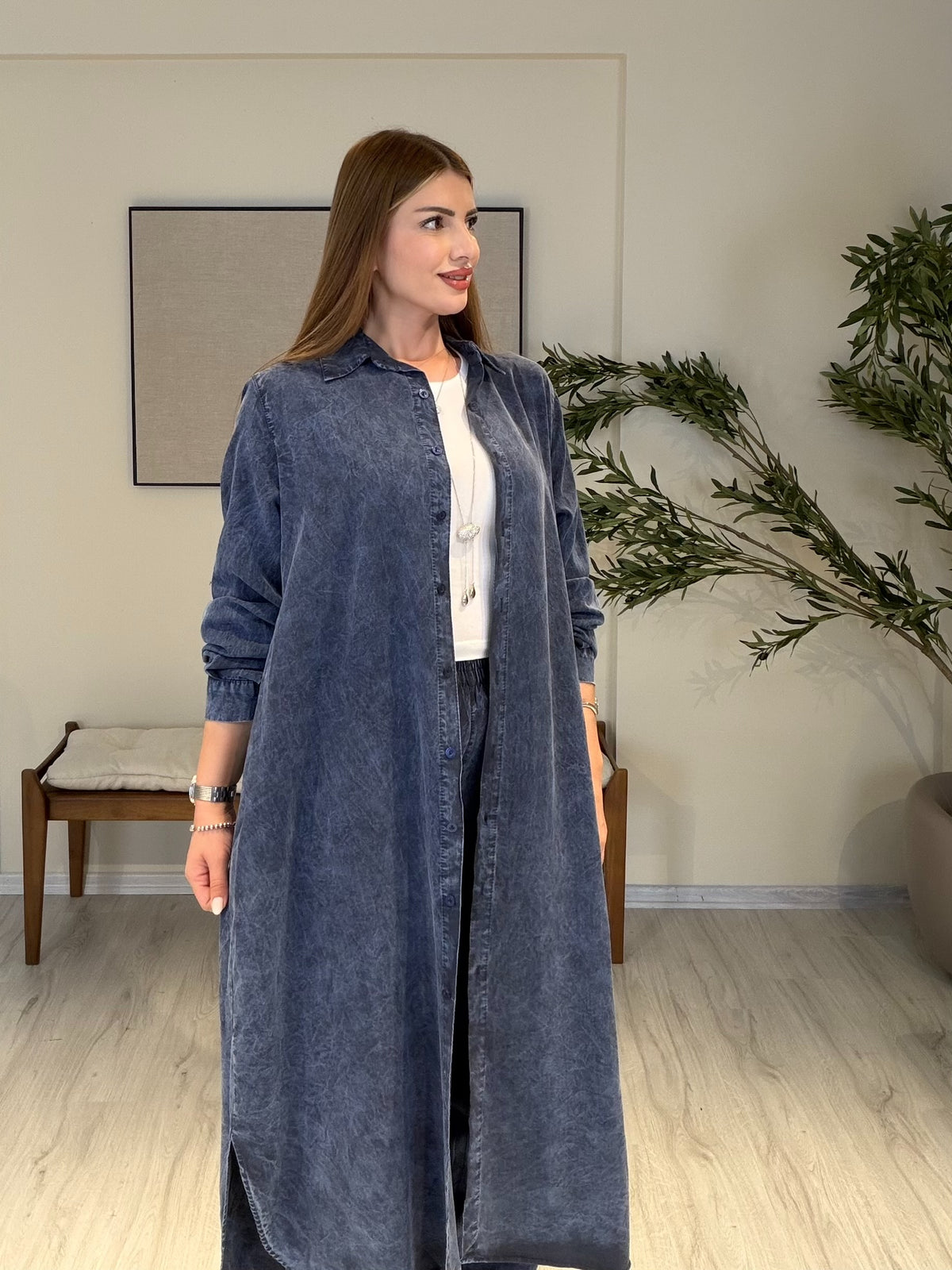 Uzun Still Yıkamalı Pamuk Tensel Takım Lacivert