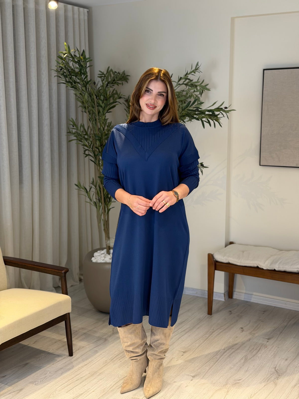 Ace | So Atelier Özel Üretim Merserize V Detaylı Tunik Gece Mavisi