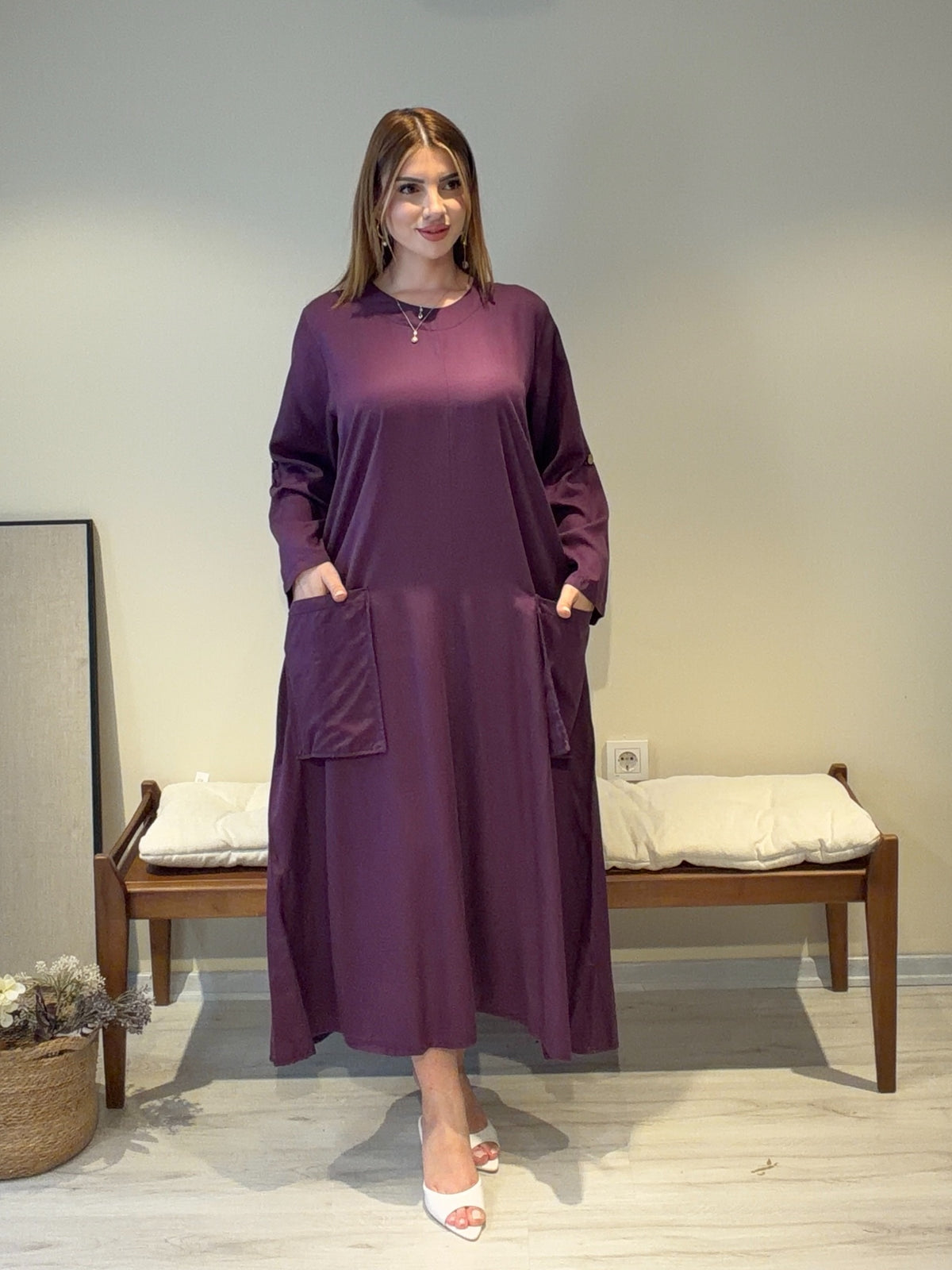 Mila Cep Detaylı Salaş Elbise – Mürdüm