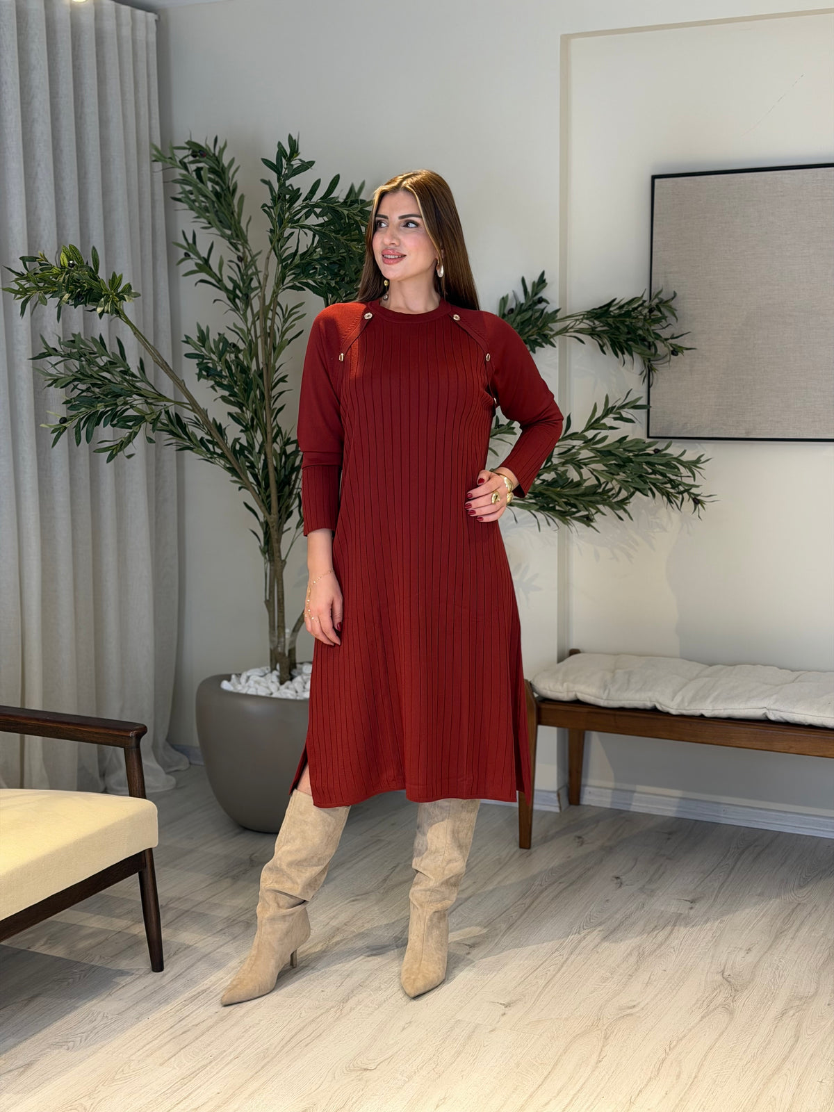Ace | So Atelier Özel Üretim Merserize Triko Düğme Detaylı Tunik Kiremit