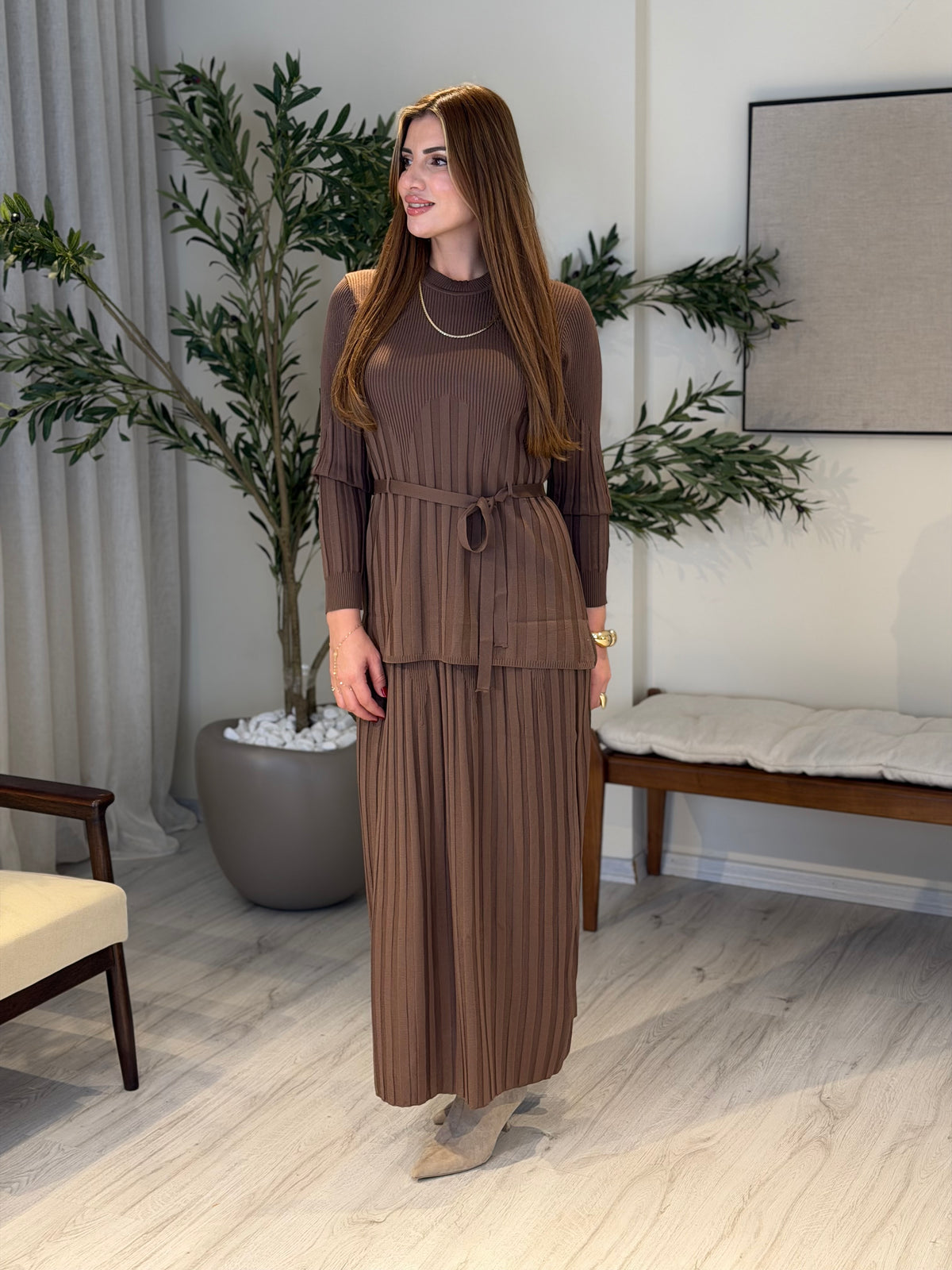 Ace | So Atelier Özel Üretim Merserize Triko Bel Bağlamalı Etek Takım Vizon