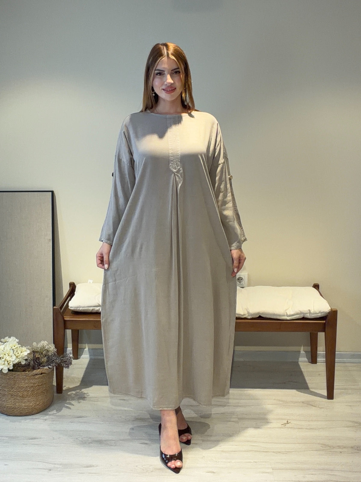 İnci Serenza Tencel Elbise | %100 Pamuk • A Kesim • Büyük Beden • Vizon