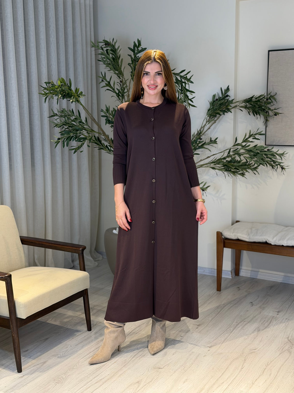 Ace | So Atelier Özel Üretim Merserize Triko Basic Boydan Düğmeli Hırka Acı Kahve