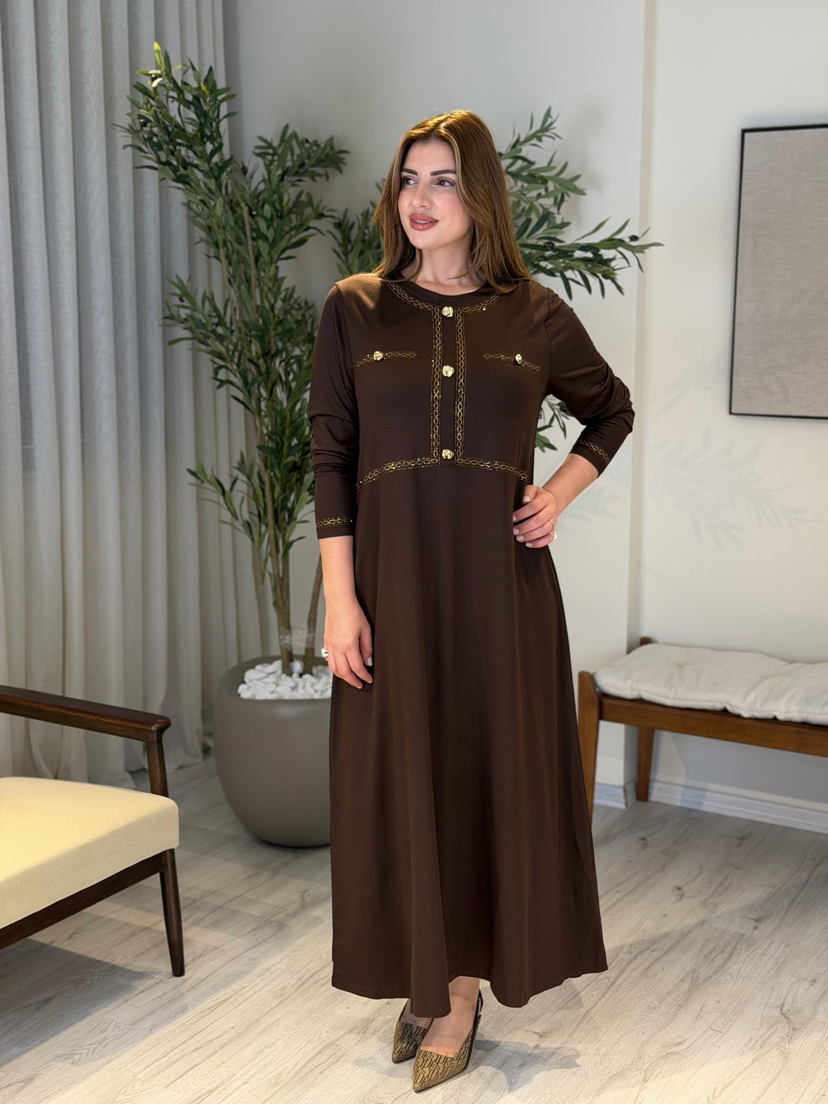 ALİSA Taş İşleme Detaylı Elbise Kahve