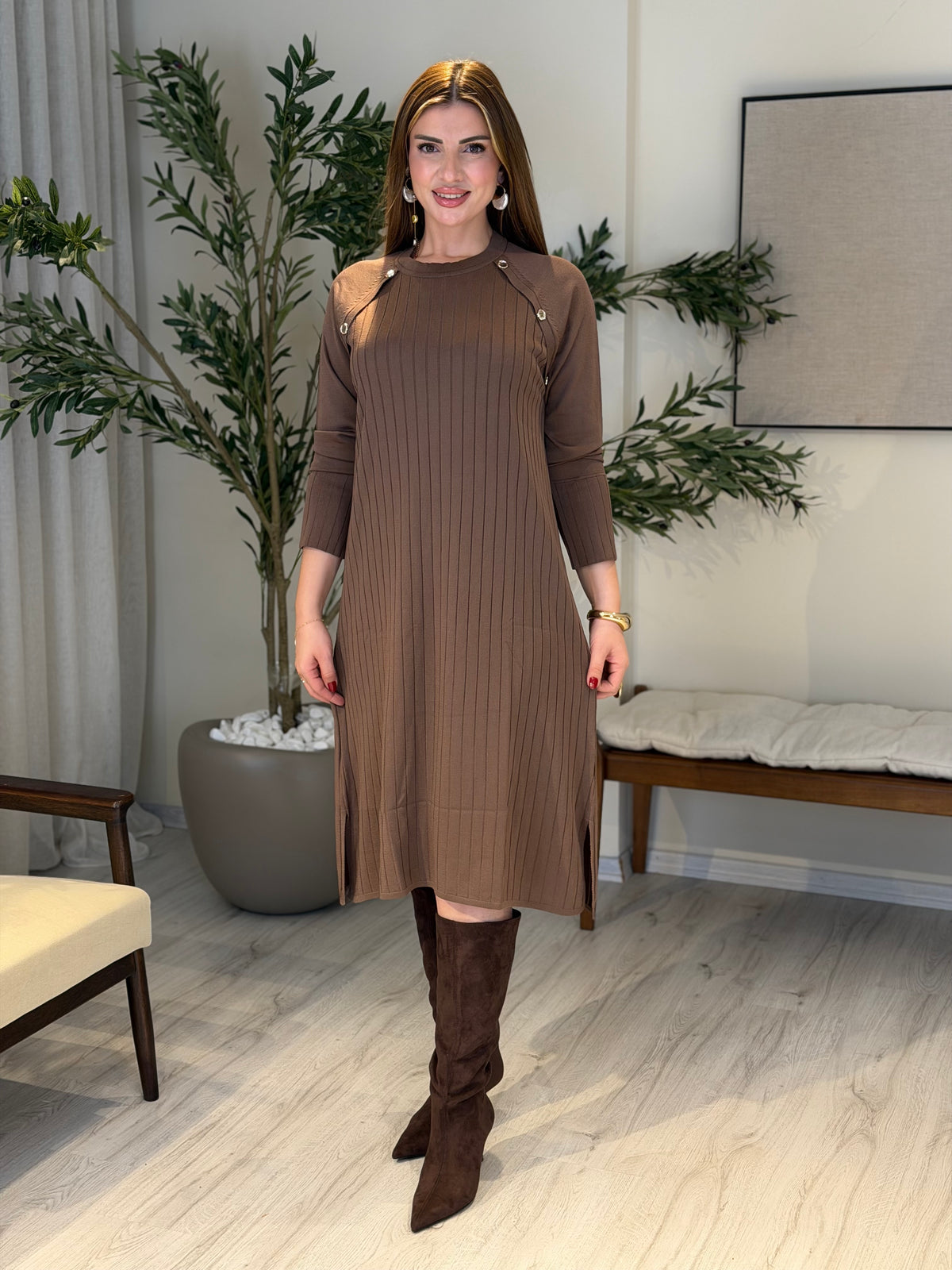 Ace | So Atelier Özel Üretim Merserize Triko Düğme Detaylı Tunik Vizon