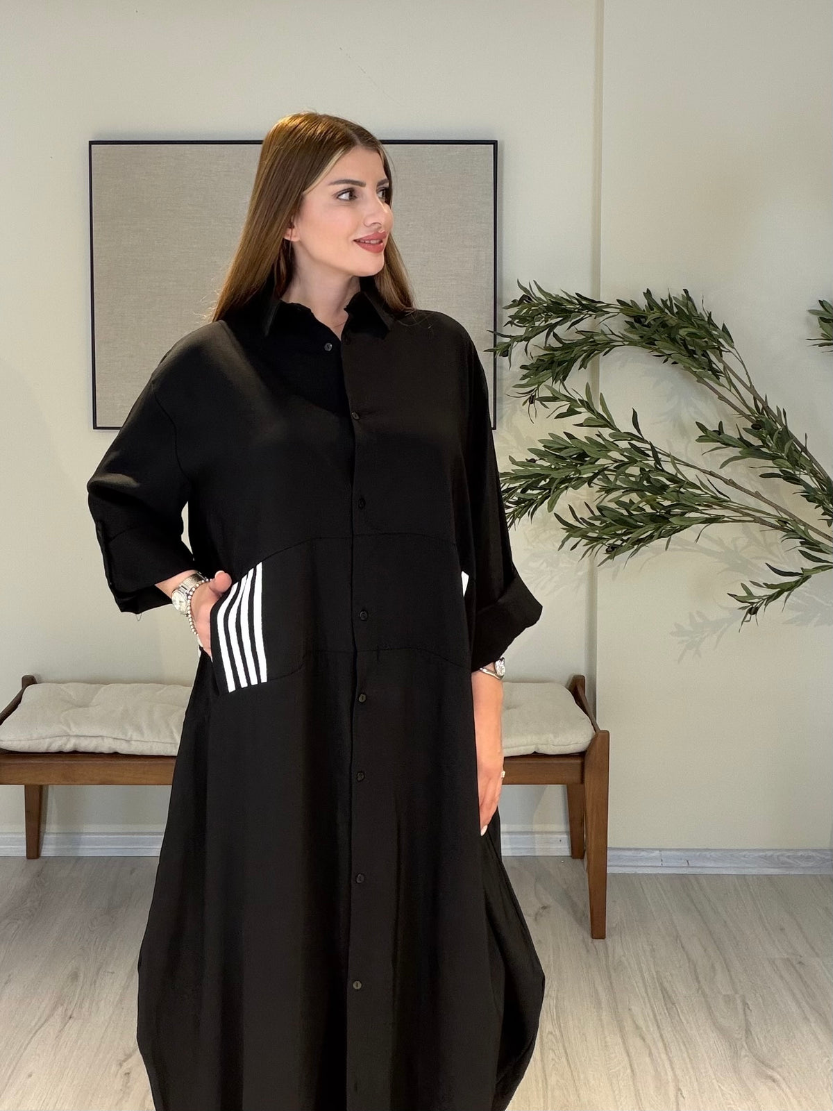 ALBA Çizgi Detaylı Gömlek Elbise Siyah