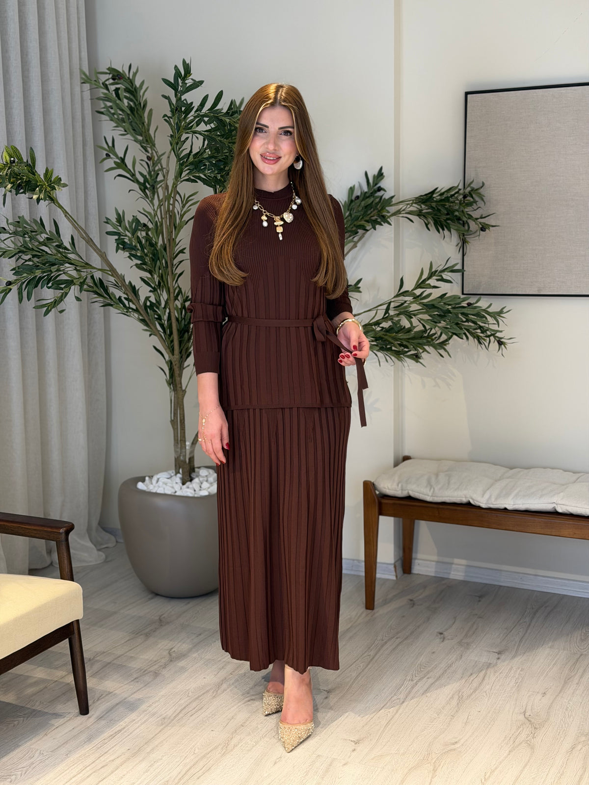 Ace | So Atelier Özel Üretim Merserize Triko Bel Bağlamalı Etek Takım Kahverengi