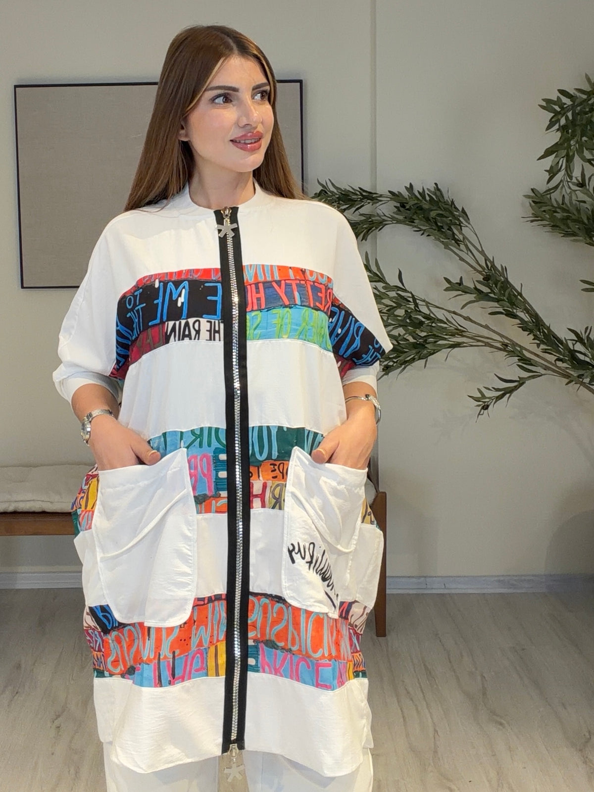 DOLCE Özel Tasarım Fermuarlı Tunik Harfli Model Beyaz